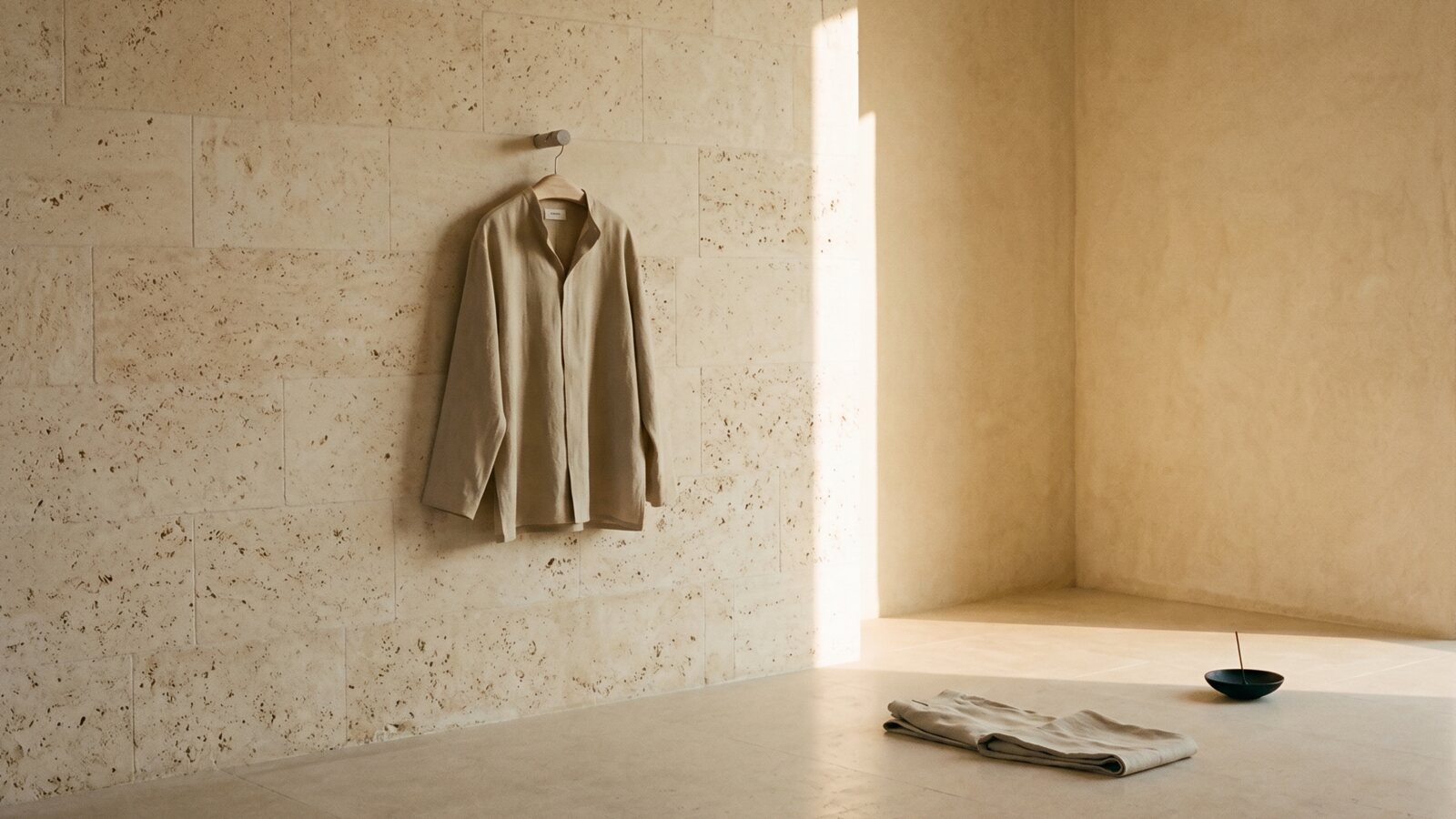 A linen overshirt hung against a textured travertine wall with sunlight filtering across