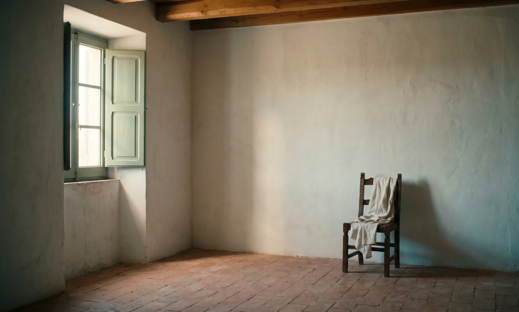 An interior room of the ARKEN atelier — terracotta tile floor, whitewashed plaster walls, a dark oak chair against the far wall with a length of cream linen draped over it, soft Mediterranean daylight pouring in through a tall sage-green wooden shutter