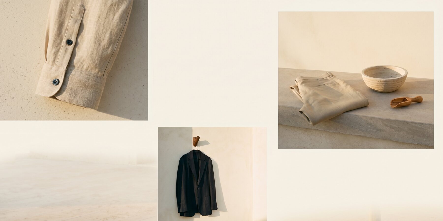 Three editorial details — cuff, hanging blazer, folded trousers — in warm natural light