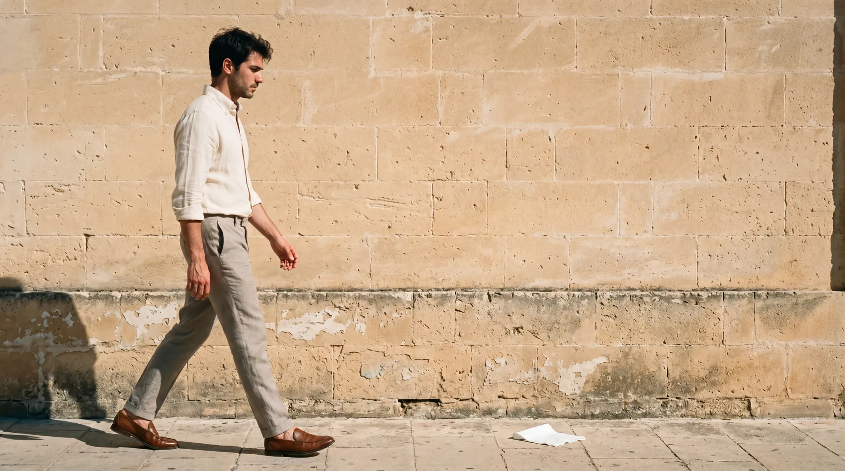 A young man walking past a weathered honey-stone Apulian wall at golden hour, cream linen shirt mid-motion in the breeze, a branch of magenta bougainvillea framing the upper third.