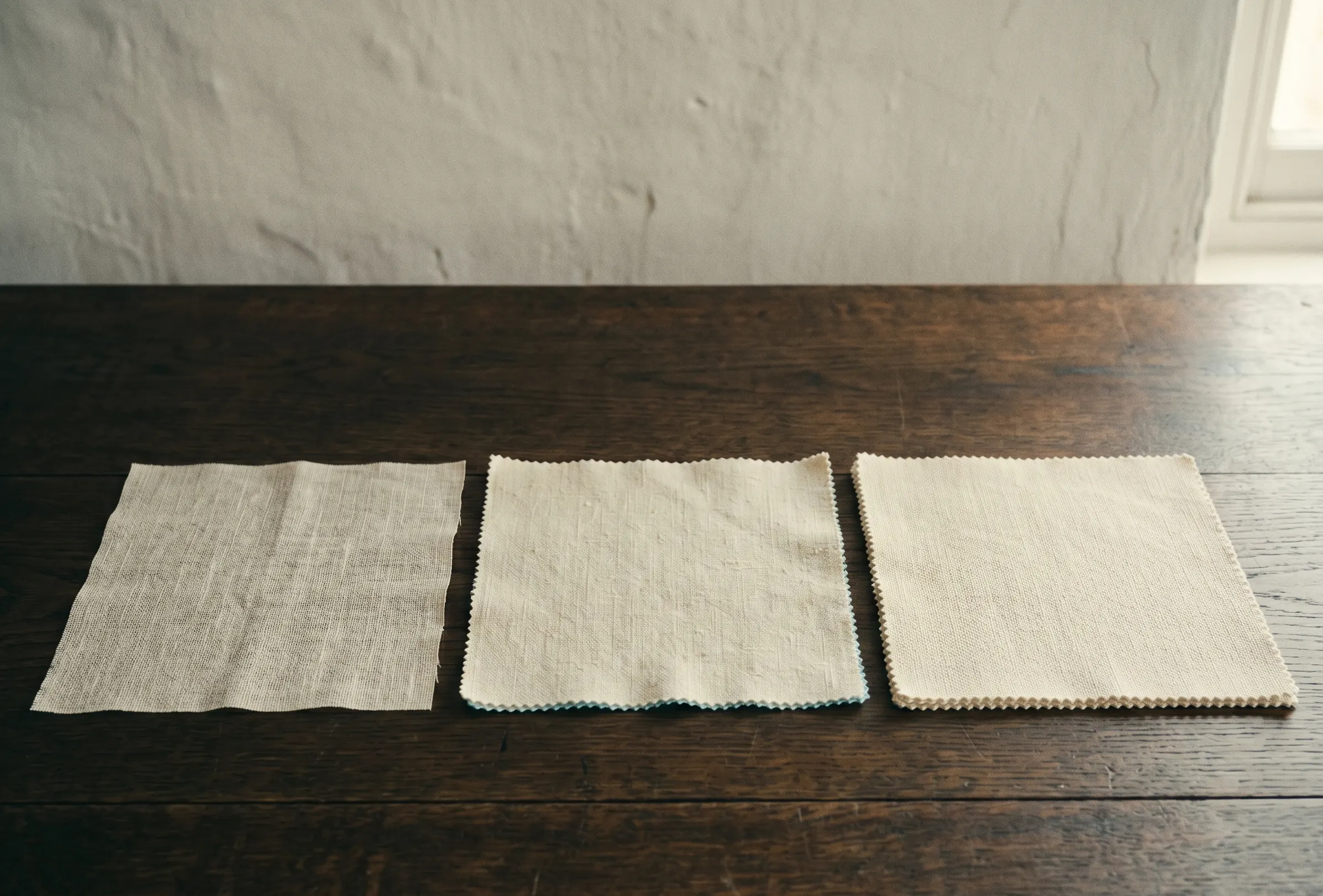 Three 100% European linen swatches laid in a row on a dark oak cutting table — lightweight, mid-weight, heavyweight — same cream colour, varying opacity