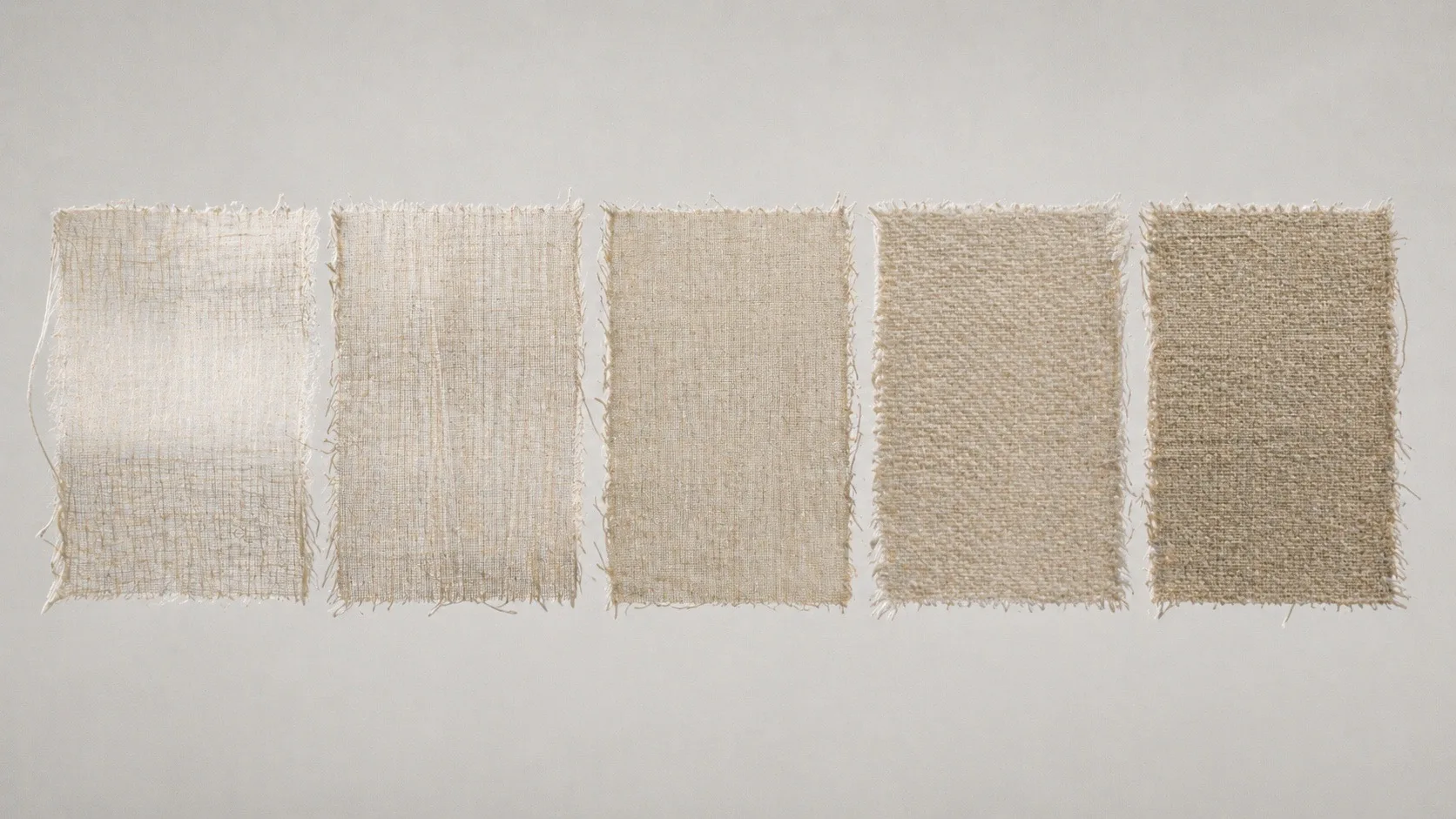 Five swatches at increasing GSM — opacity gradient under backlight
