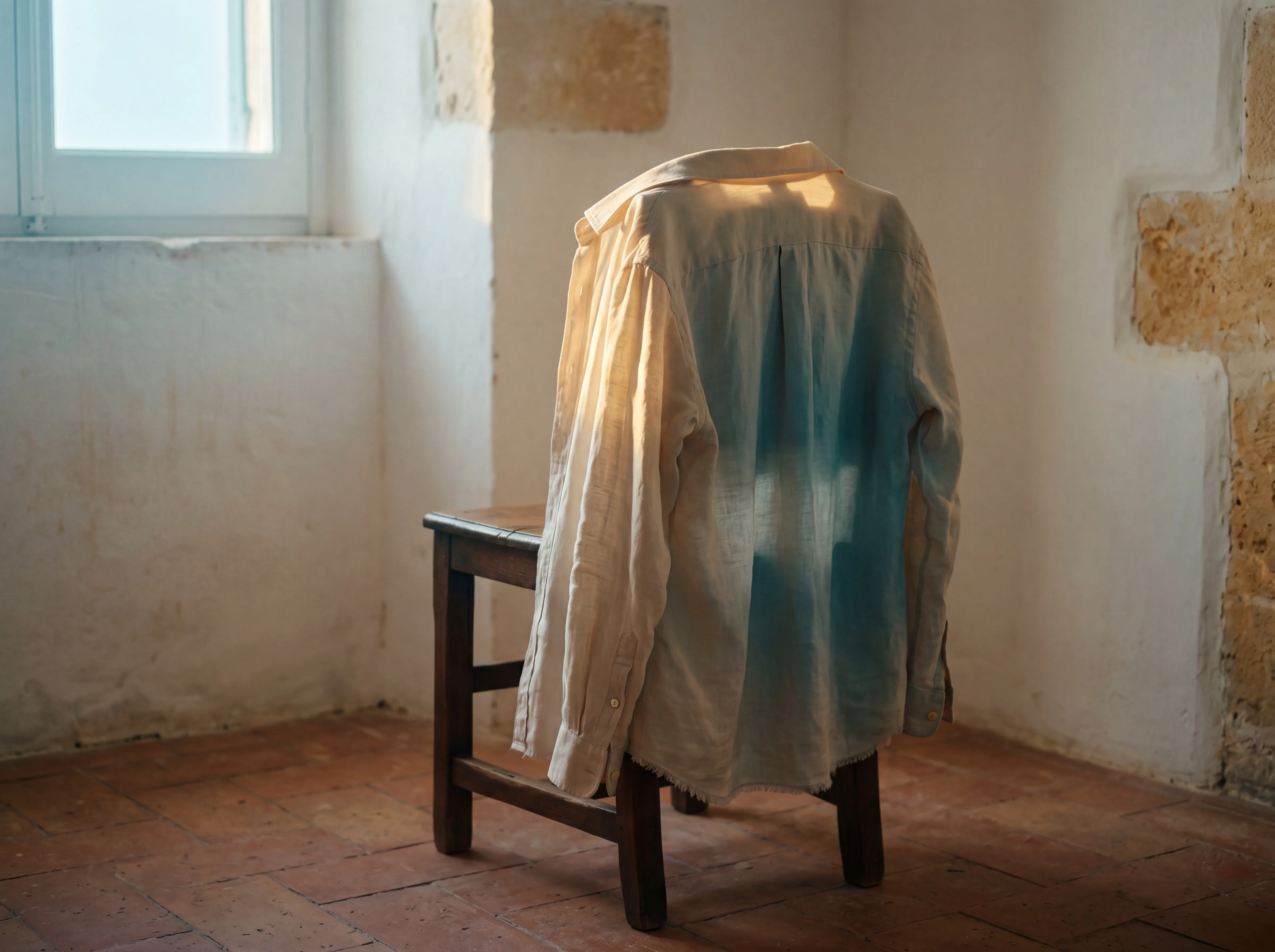 A worn cream linen shirt draped over the back of a simple wooden stool in a stone-floored masseria bedroom, late afternoon window light from the side