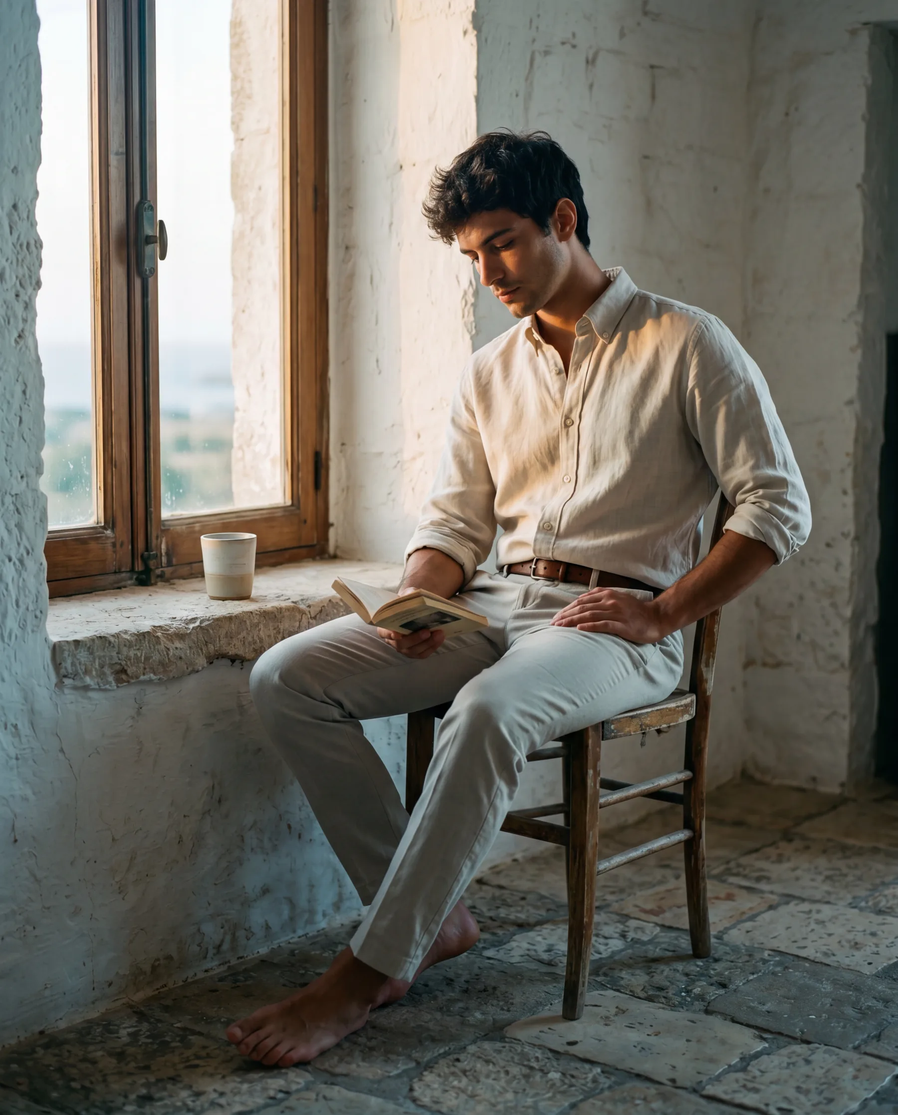 A man in parchment linen seated by a deep stone-framed masseria window, late afternoon side-light cutting across the cloth, a ceramic cup of water on the sill