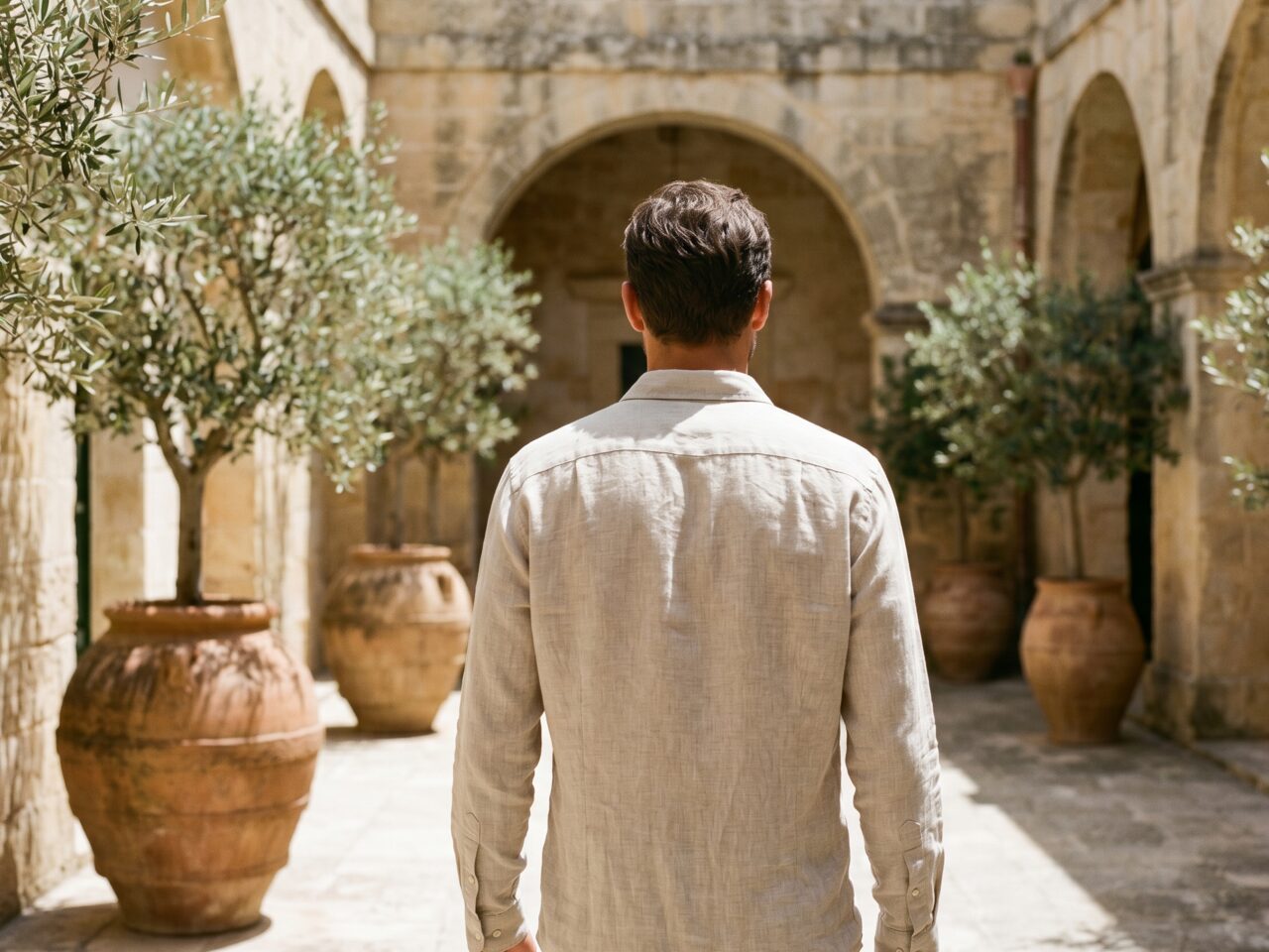 A man walking through Mediterranean architecture, in linen