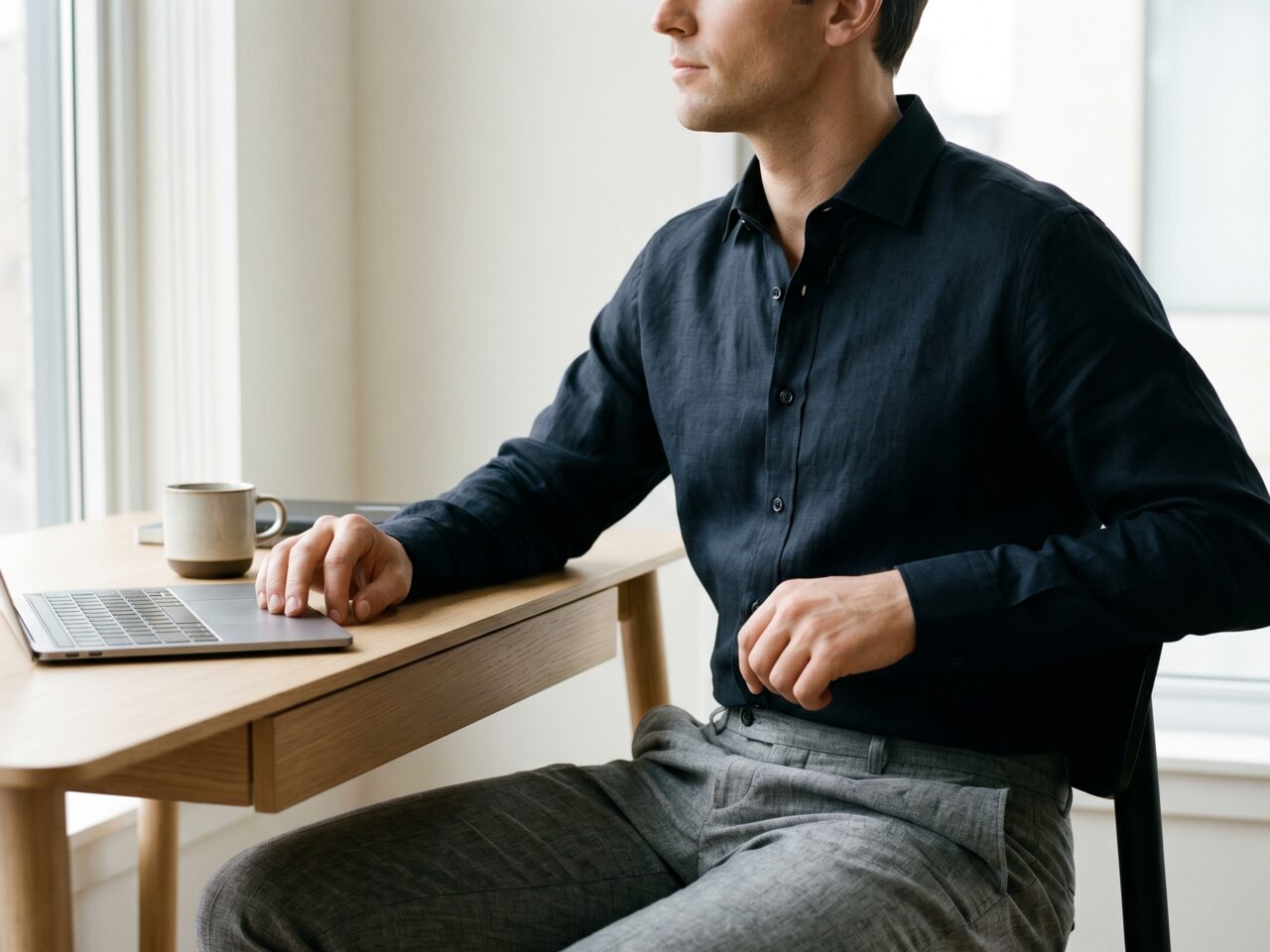 Man in ink linen shirt at minimal modern desk
