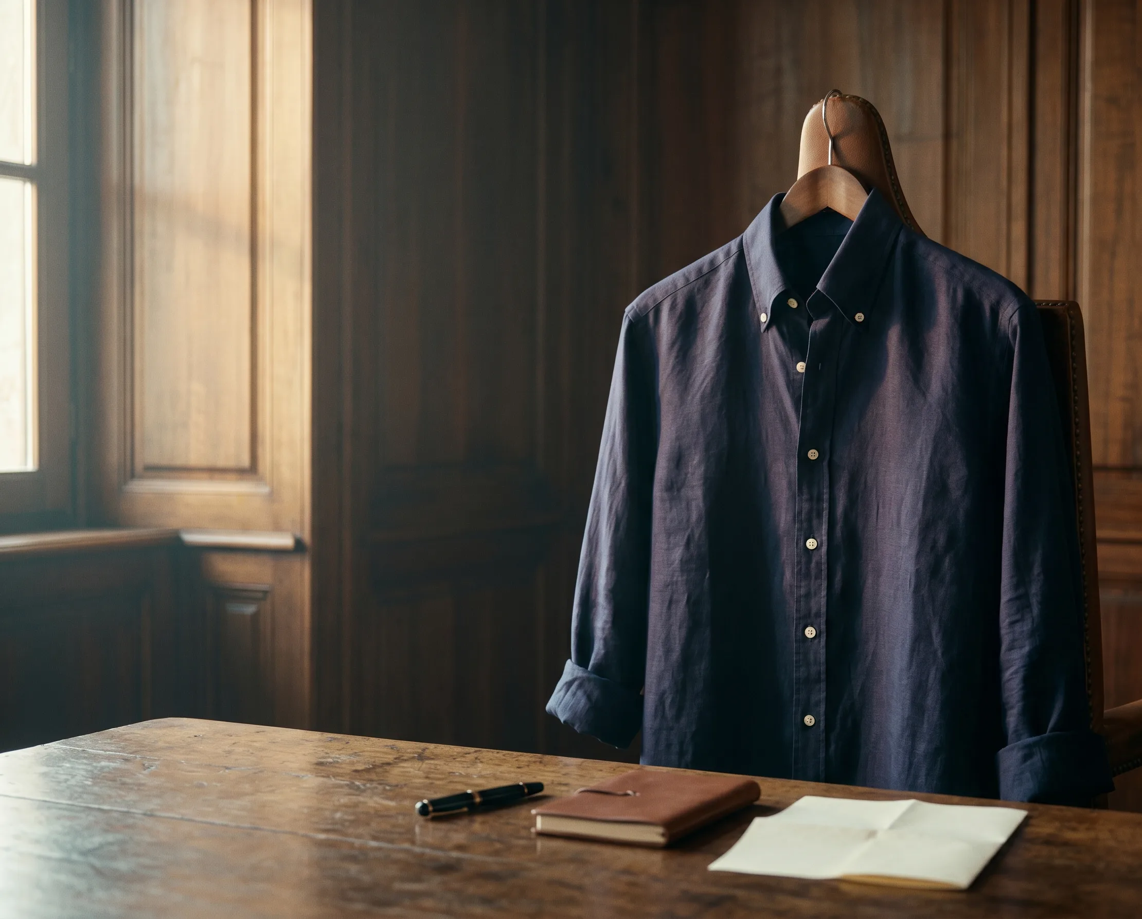 An ink-navy linen Hollow OCBD shirt on a wooden hanger against the warm wood panelling of a masseria library, fountain pen and leather notebook resting on the dark oak desk below