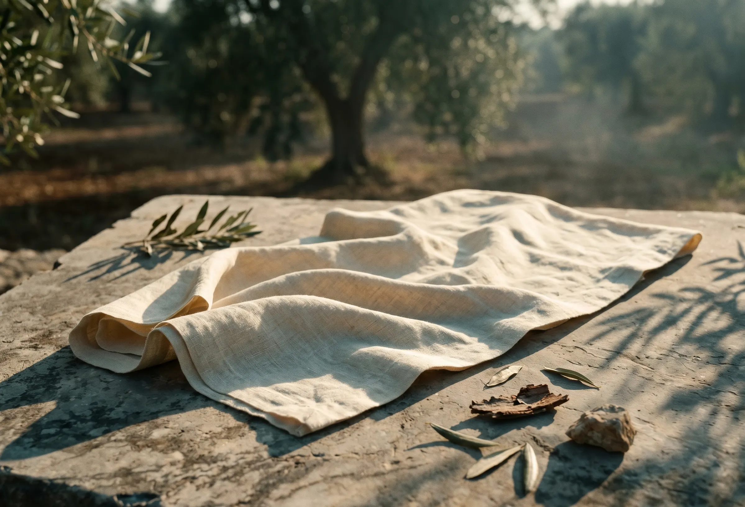Cream linen laid on a warm stone slab in an Apulian olive grove, dried olive leaves scattered around the cloth in late afternoon raking light