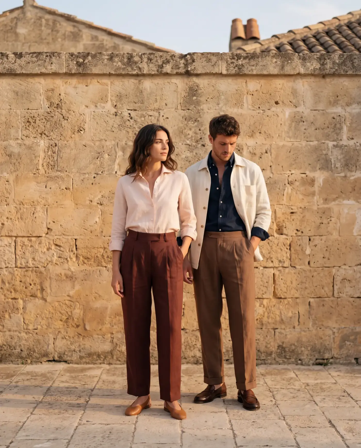 A woman and a man in linen against a weathered Apulian masseria wall at golden hour — she wears a pale pink Cutaway shirt and mahogany Mirror trousers; he wears a deep navy Hollow shirt, olive Column trousers, and a natural-cream Frame overshirt worn open
