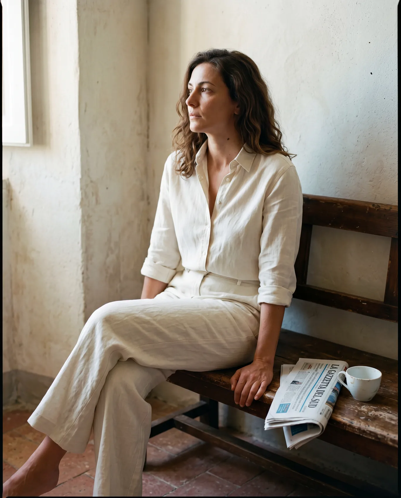 A woman seated on a worn wooden bench beside a window, a folded newspaper and an empty teacup beside her.