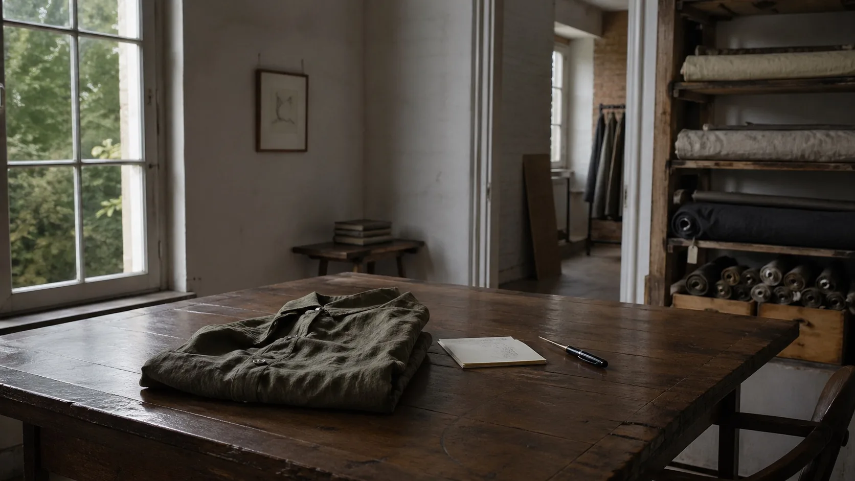 An ARKEN atelier interior — folded olive linen, cream notecard, fountain pen at rest