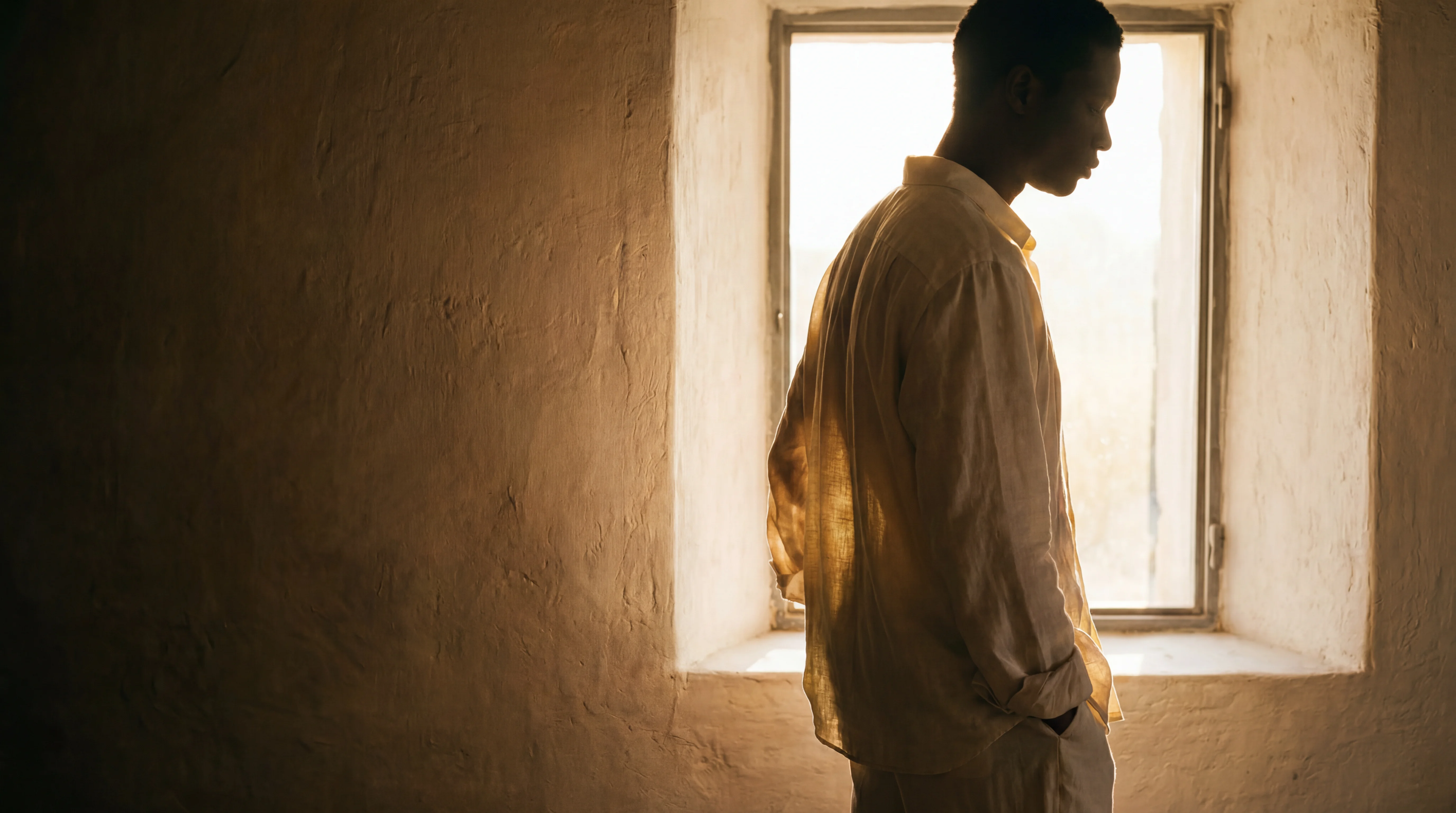 A figure framed in a tall window, looking outward. Olive overshirt, parchment trouser.