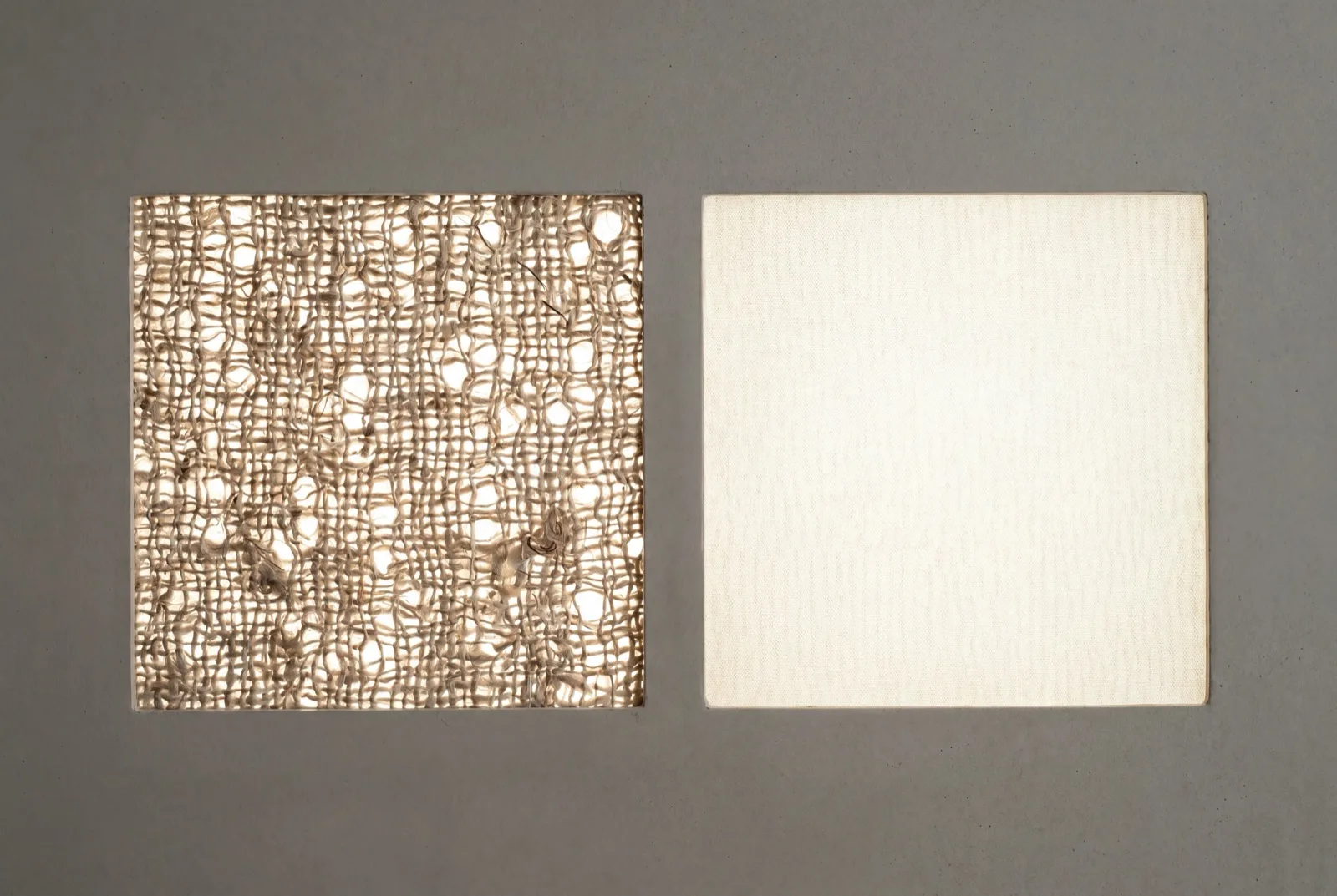 Backlit comparison — ARKEN long-staple flax on the left shows visible hollow capillary structure; synthetic blend on the right is a flat uniform surface