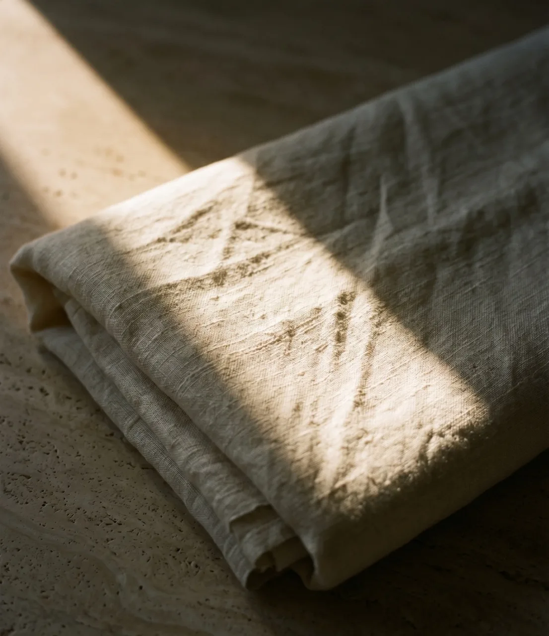 A folded length of cream linen on travertine