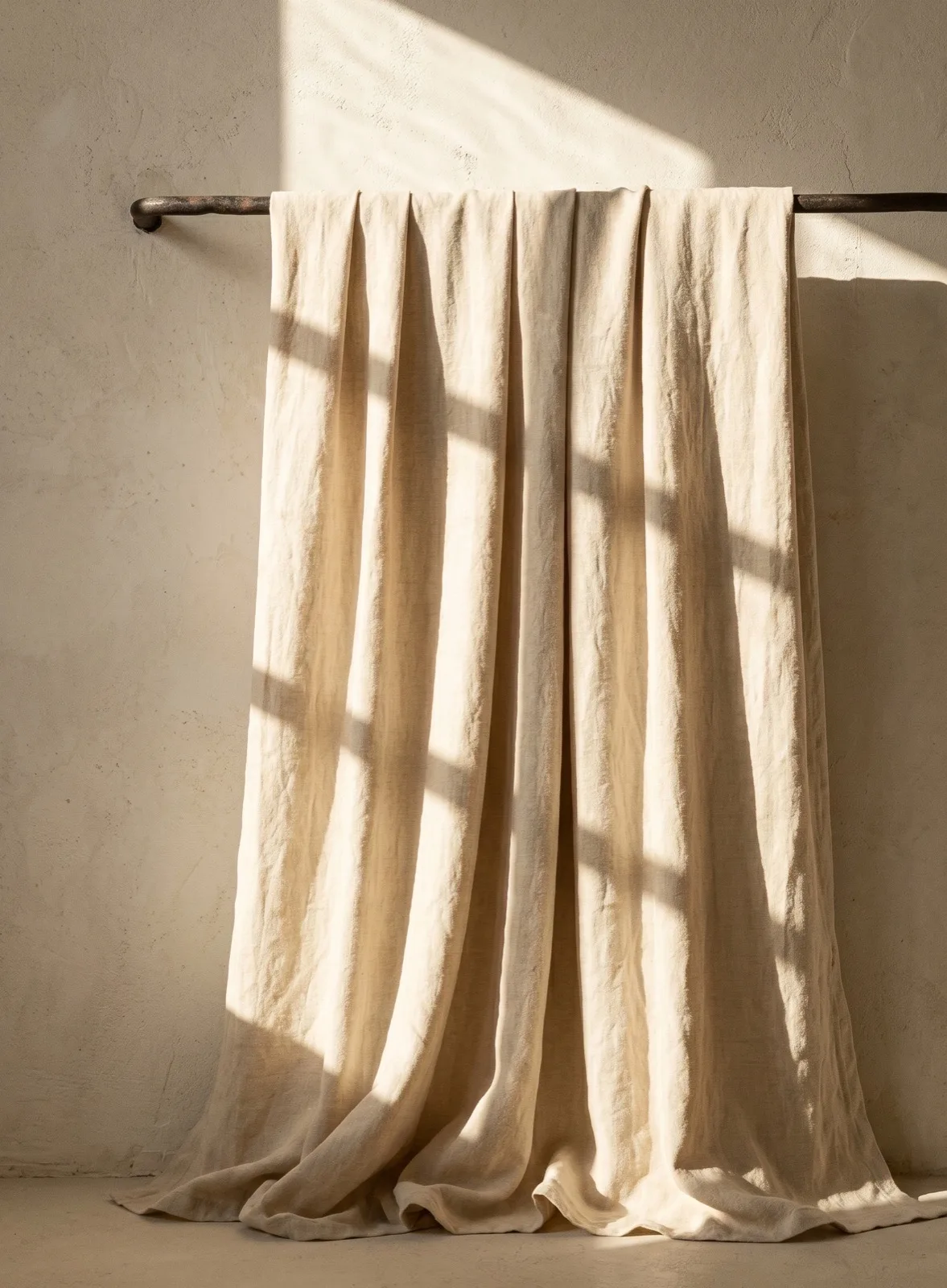 Cream linen draped over an iron rod, hard diagonal sunlight cutting across the cloth