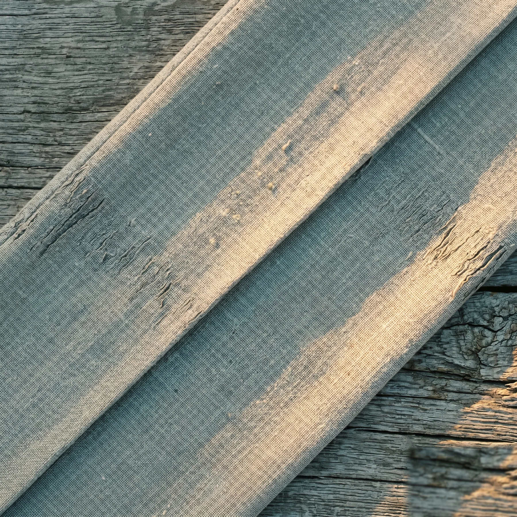 A length of cream linen draped diagonally over weathered wood, late afternoon raking light revealing the weave + slubs at macro