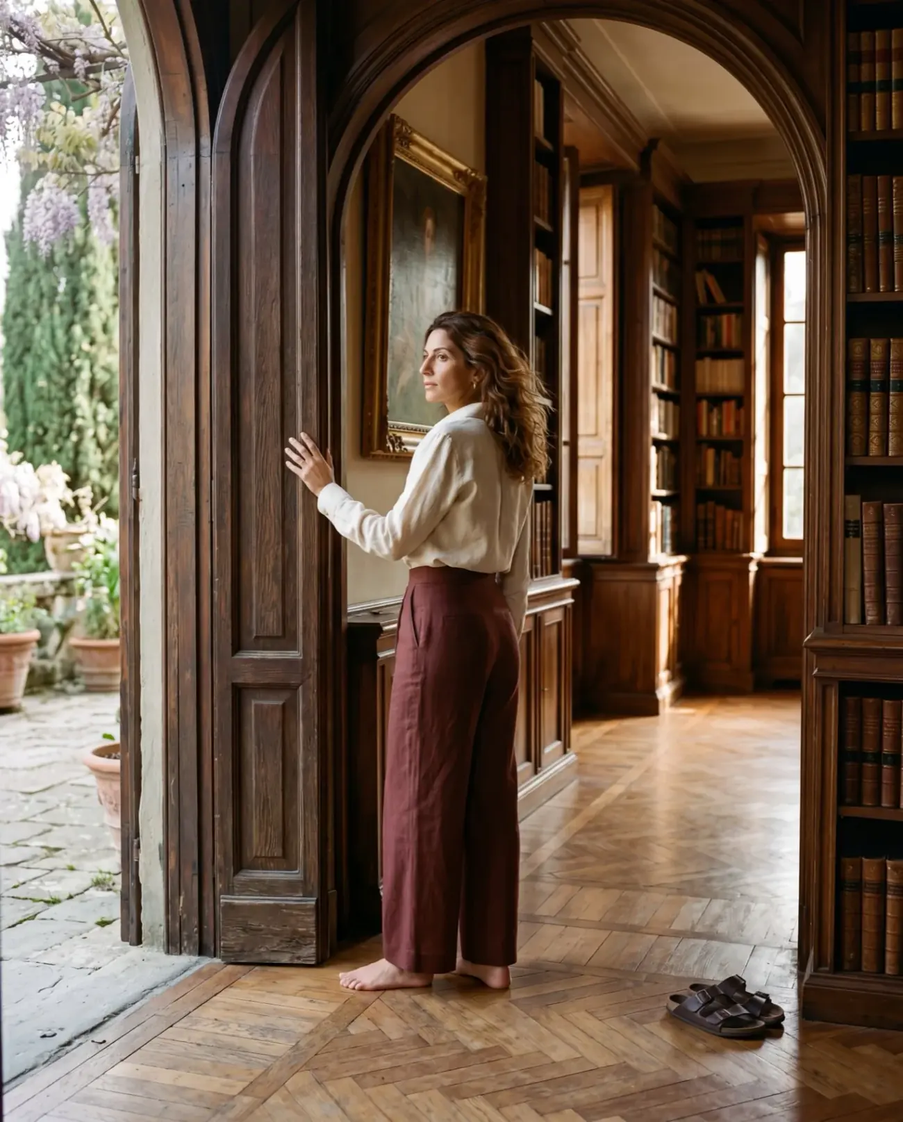 The Mirror trouser in Mahogany — a deep red-brown wide-leg linen trouser in a Florentine palazzo library.