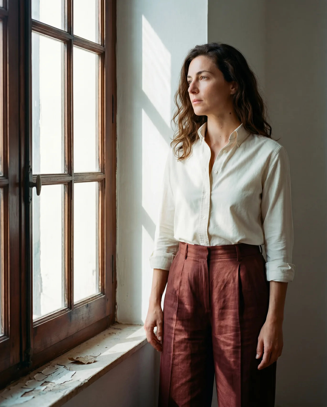 A woman in Mahogany Mirror trousers and cream Hollow shirt beside a tall window, eyes directed out the window.