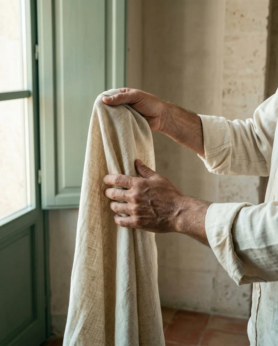 Weathered hands examining a length of cream European linen by a window in the ARKEN atelier, soft Mediterranean daylight