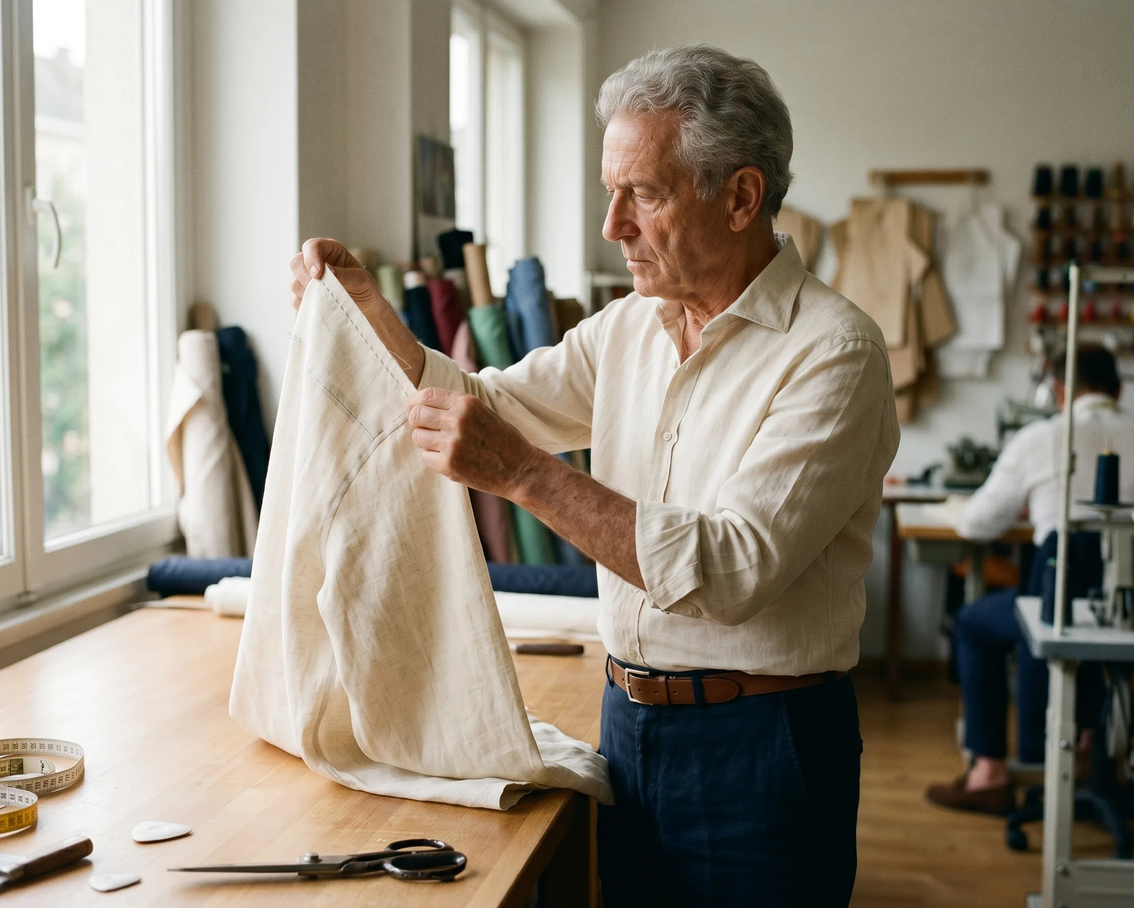 A portrait of the senior tailor — early fifties, salt-and-pepper hair, three-day stubble, weathered hands, standing beside the cutting table holding a cream linen shoulder seam to the afternoon light to check the stitch.