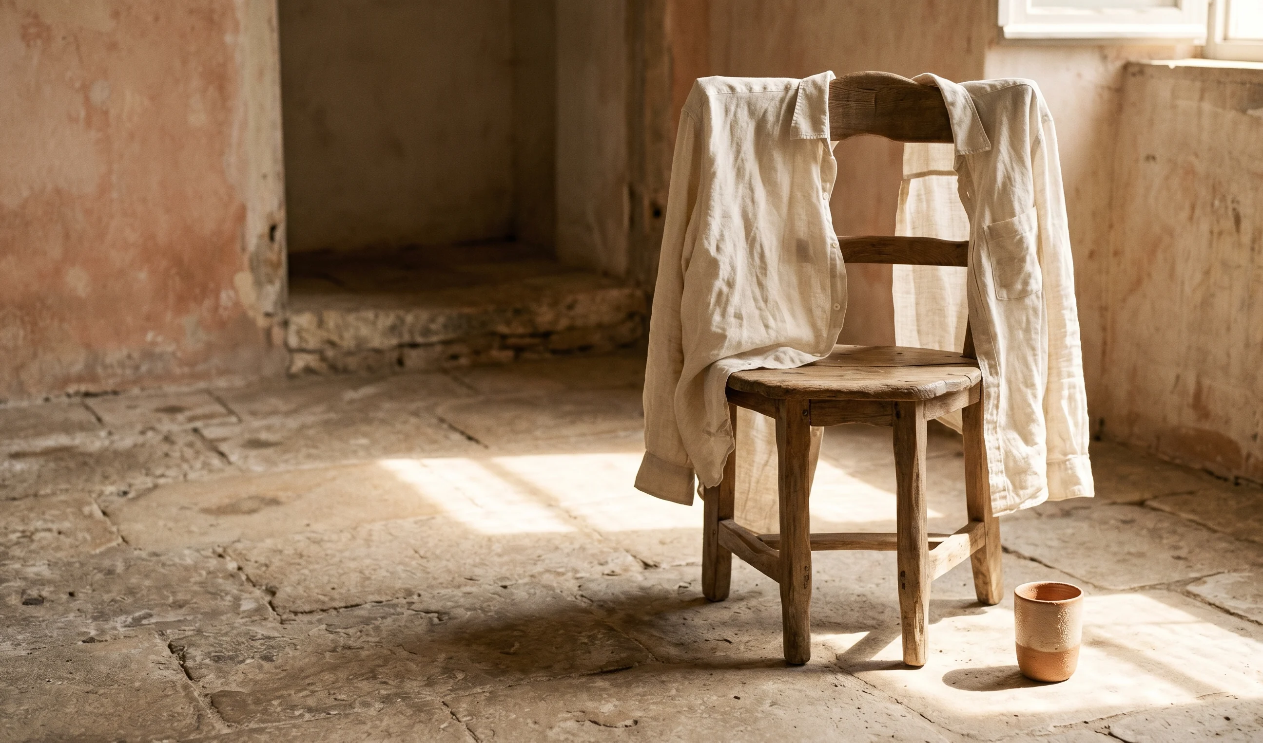 A figure in deep blue linen reading in a leather chair.