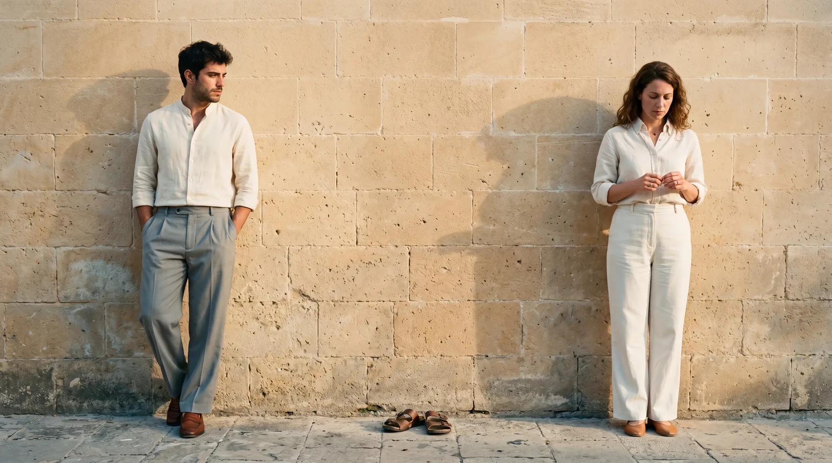 A man in a cream linen band-collar shirt and stone-grey wide-leg trousers, leaning against a sun-warmed honey-stone Apulian wall at golden hour, a cream-painted wood shutter softening the upper-left of frame.