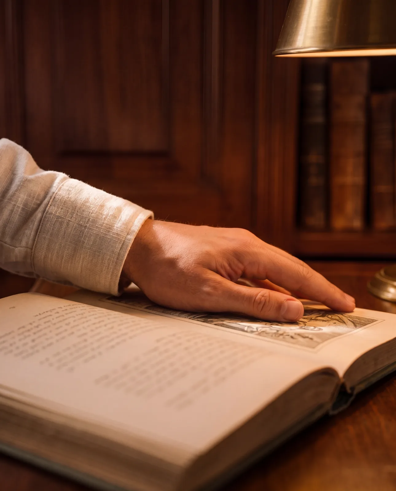 A man's hand resting on the open page of a cloth-bound book in the palazzo library, the warm glow of a brass library lamp falling across the back of the hand, cream linen shirt cuff with visible slubs at the wrist, dark wood panels behind.