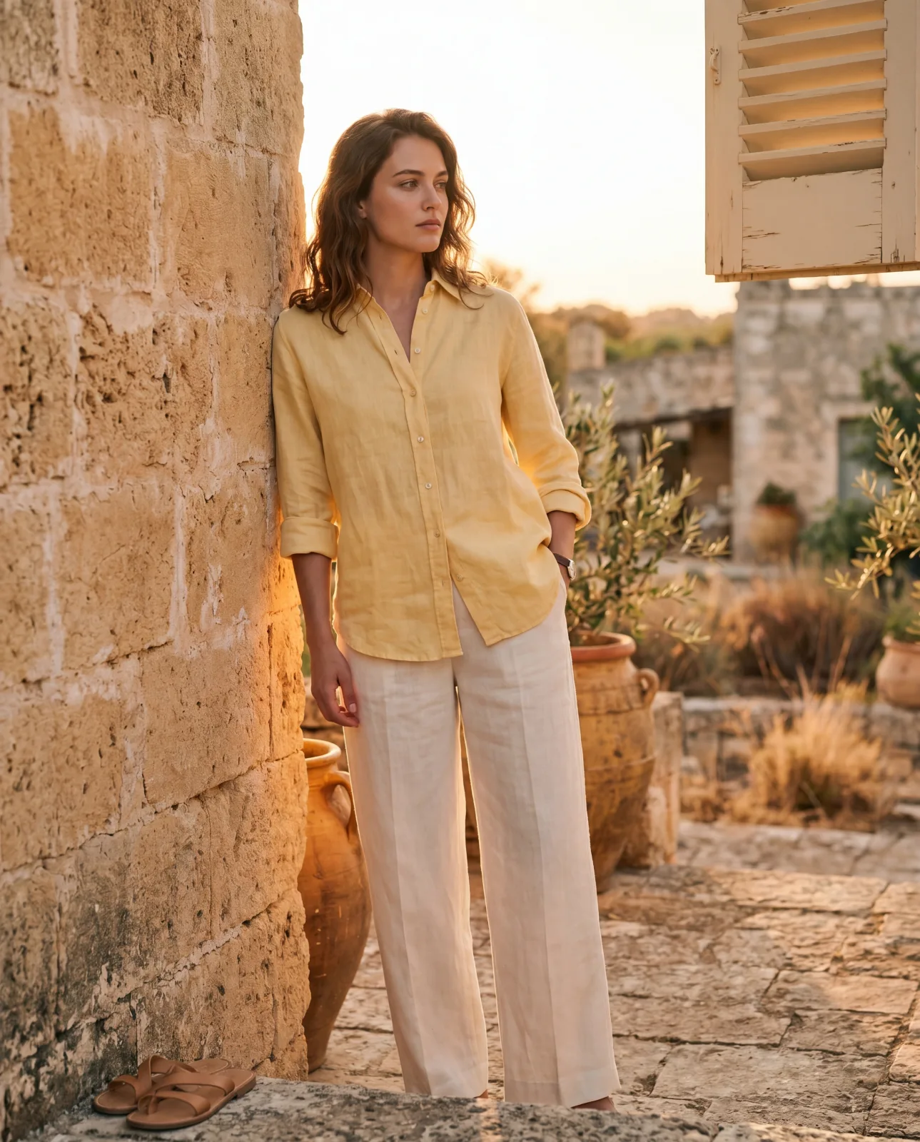A woman in a butter-yellow linen shirt and bone-coloured extra-high-rise wide-leg trousers, leaning against the same sun-warmed honey-stone Apulian wall at the same golden hour, a cream-painted wood shutter softening the upper-right of frame — mirror-direction composition of the menswear left frame.