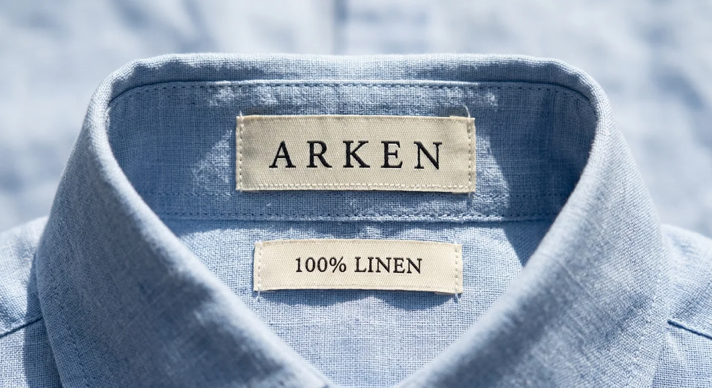Macro detail of a chambray linen shirt's inside-collar band — two woven cream labels with serif text, the upper reading 'ARKEN', the lower reading '100% LINEN' — stitched into the band by hand.