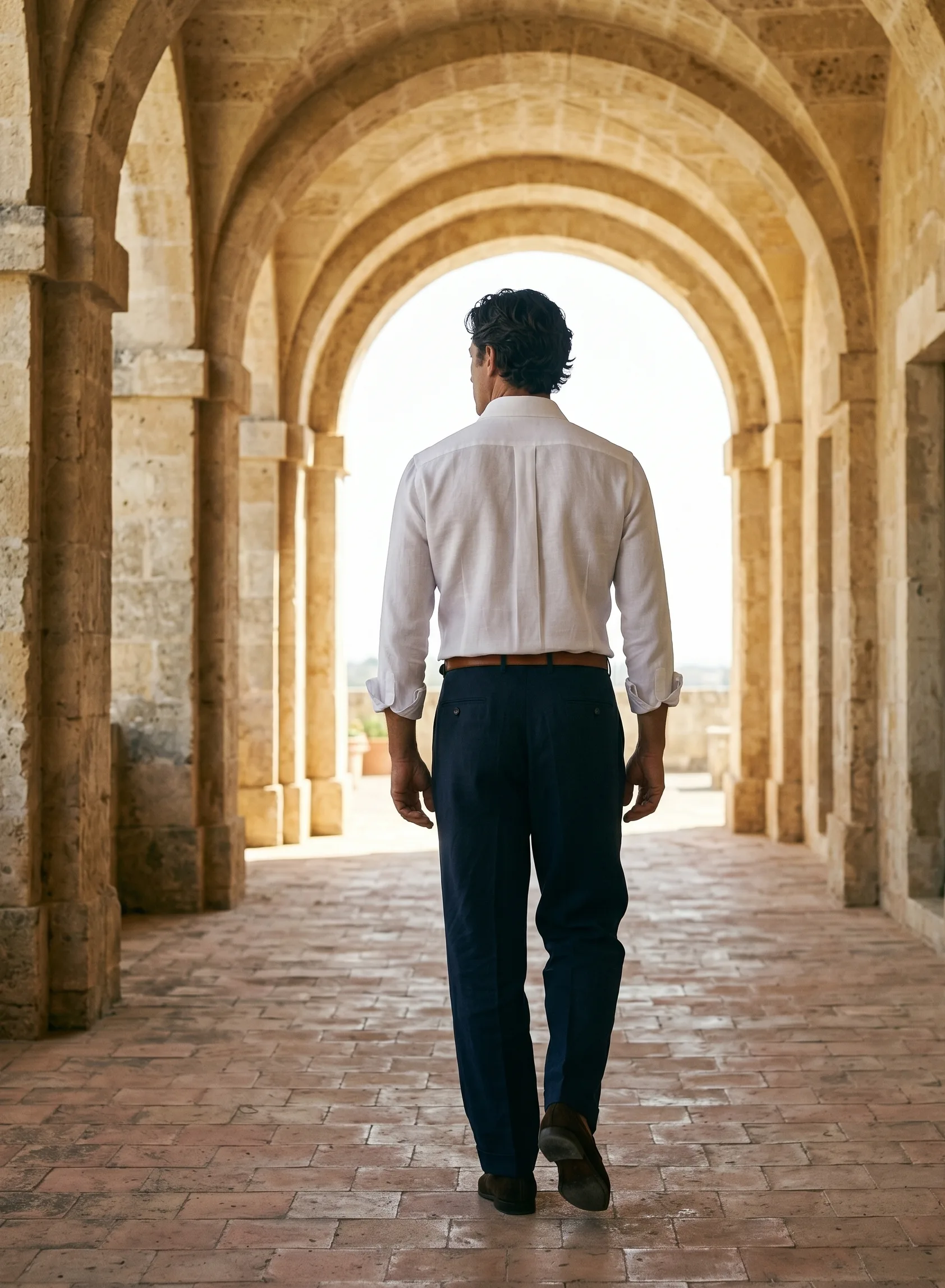 A figure walking away through a stone arched corridor at midday, sunlight cutting through the arches. Cream linen Hollow OCBD with sleeves rolled, deep ink Column trouser, brown leather belt, dark brown loafers.