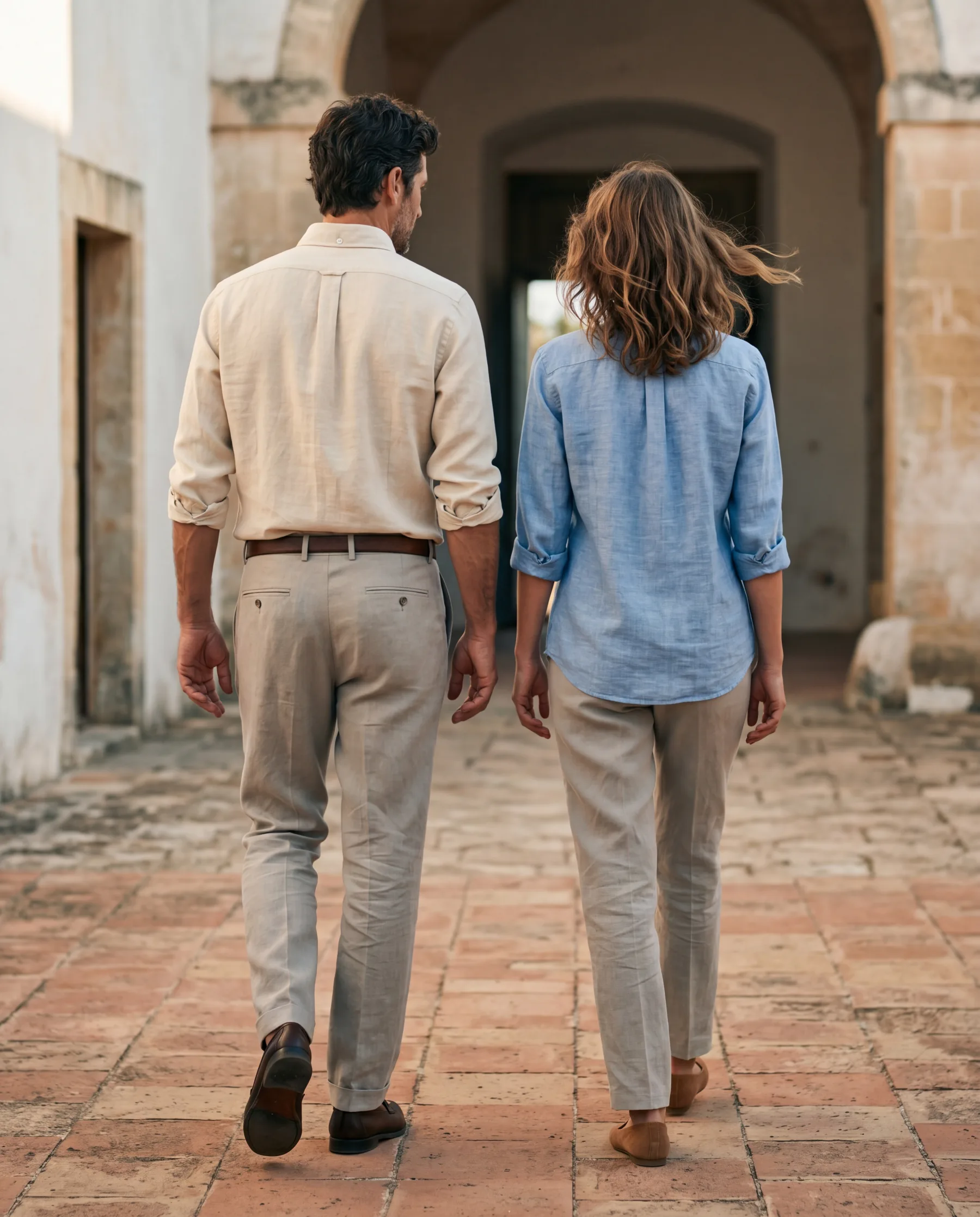 A young couple walking away through a stone courtyard, late afternoon. He in cream linen, she in chambray; both in stone-coloured trousers.
