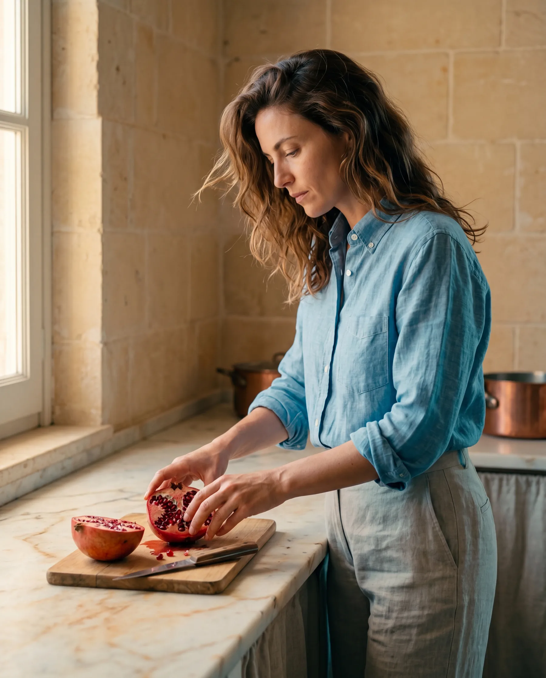 A woman halving a pomegranate on a marble counter, afternoon light. Chambray linen shirt, stone trousers.