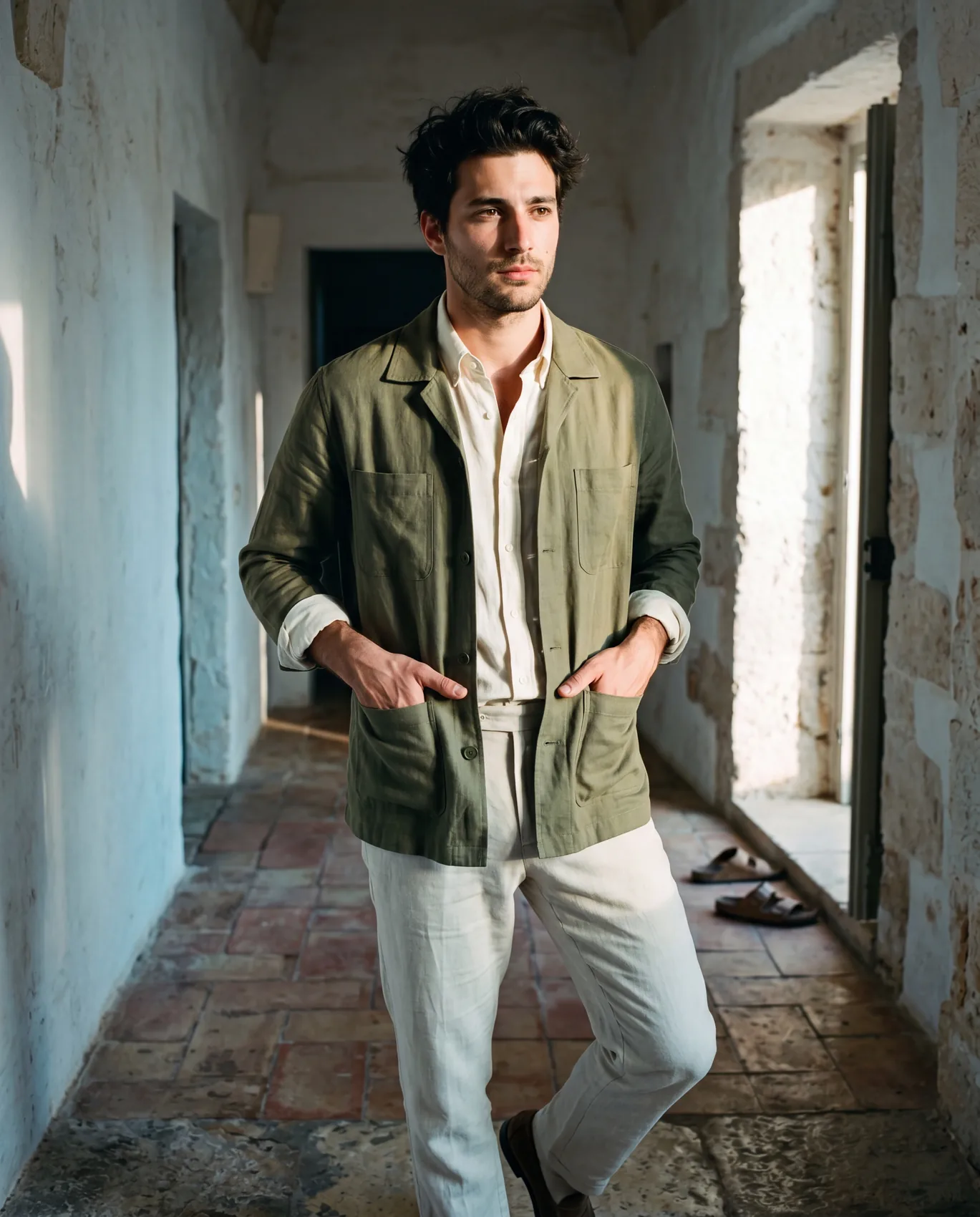 A man in an Olive Frame overshirt worn open over a cream Hollow shirt and stone Column trousers, in a masseria stone hallway with raking late afternoon sun from a doorway. Hands at the front pocket openings of the Frame.