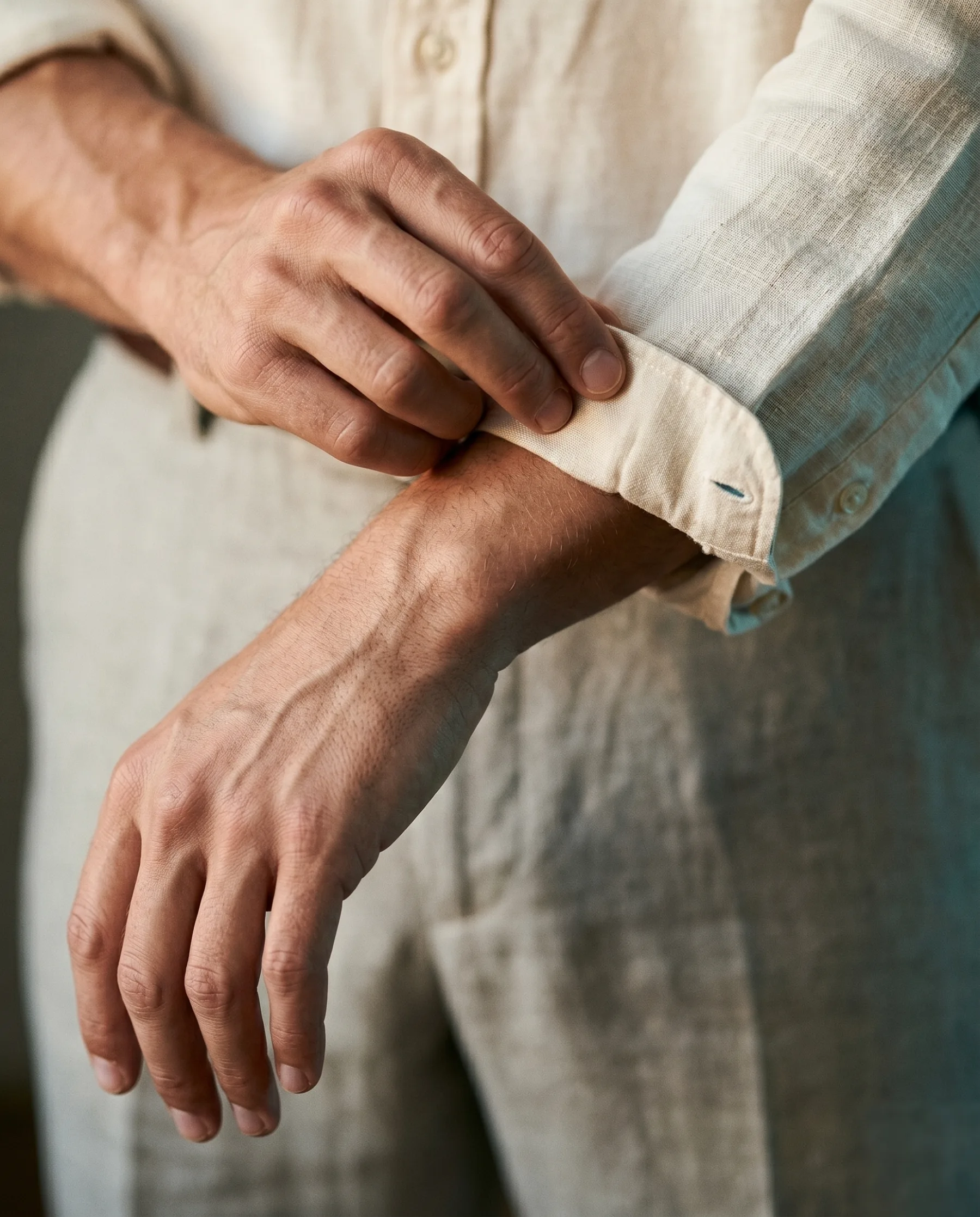Macro close-up of hands rolling the cuff of a cream linen shirt — visible weave, button half-out.