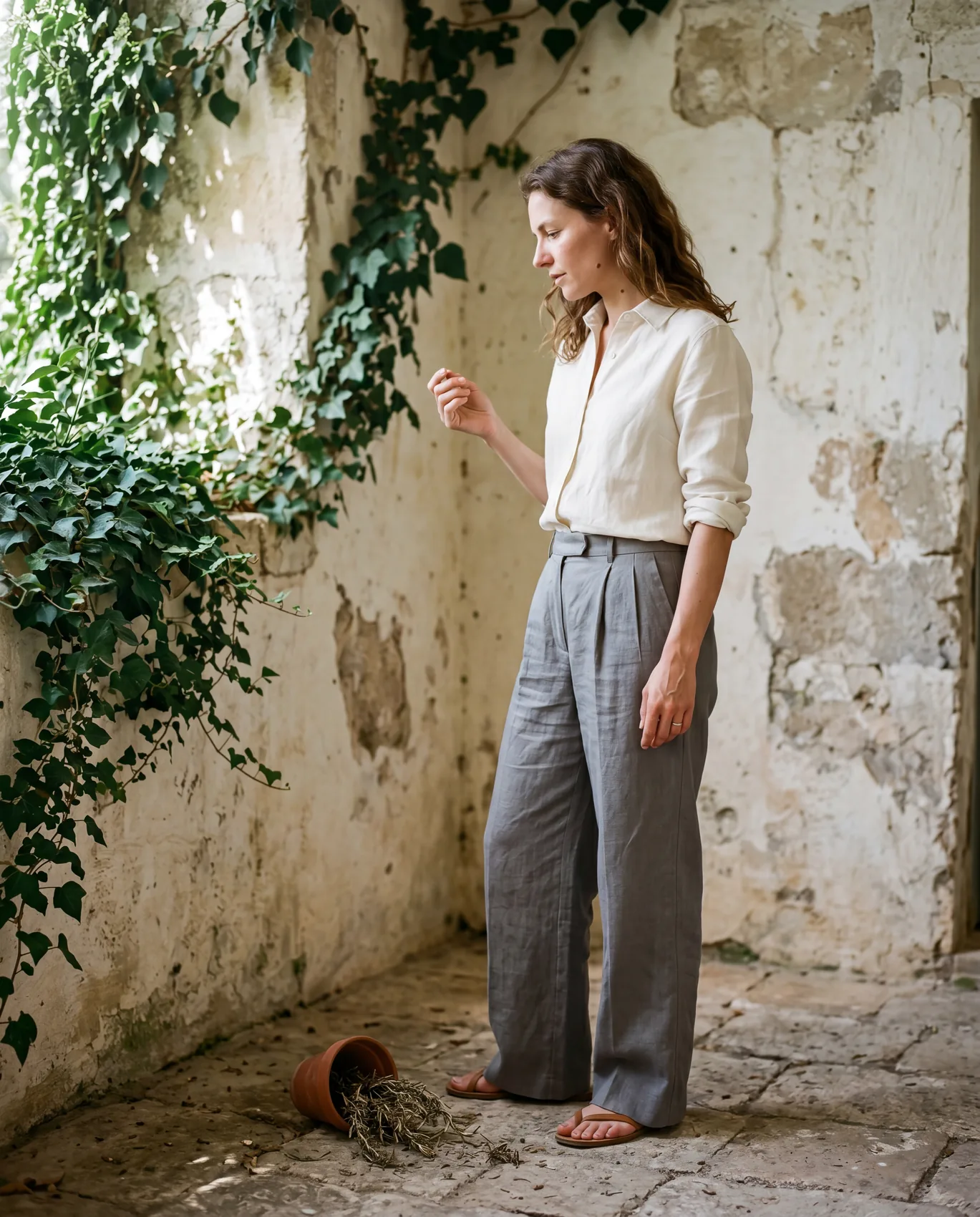 A woman in cream Hollow shirt and Pewter Mirror trousers in a stone-walled masseria garden room with ivy climbing the left wall. Mid-gesture pose, eyes directed down at a tipped terracotta pot with spilled rosemary on the floor.