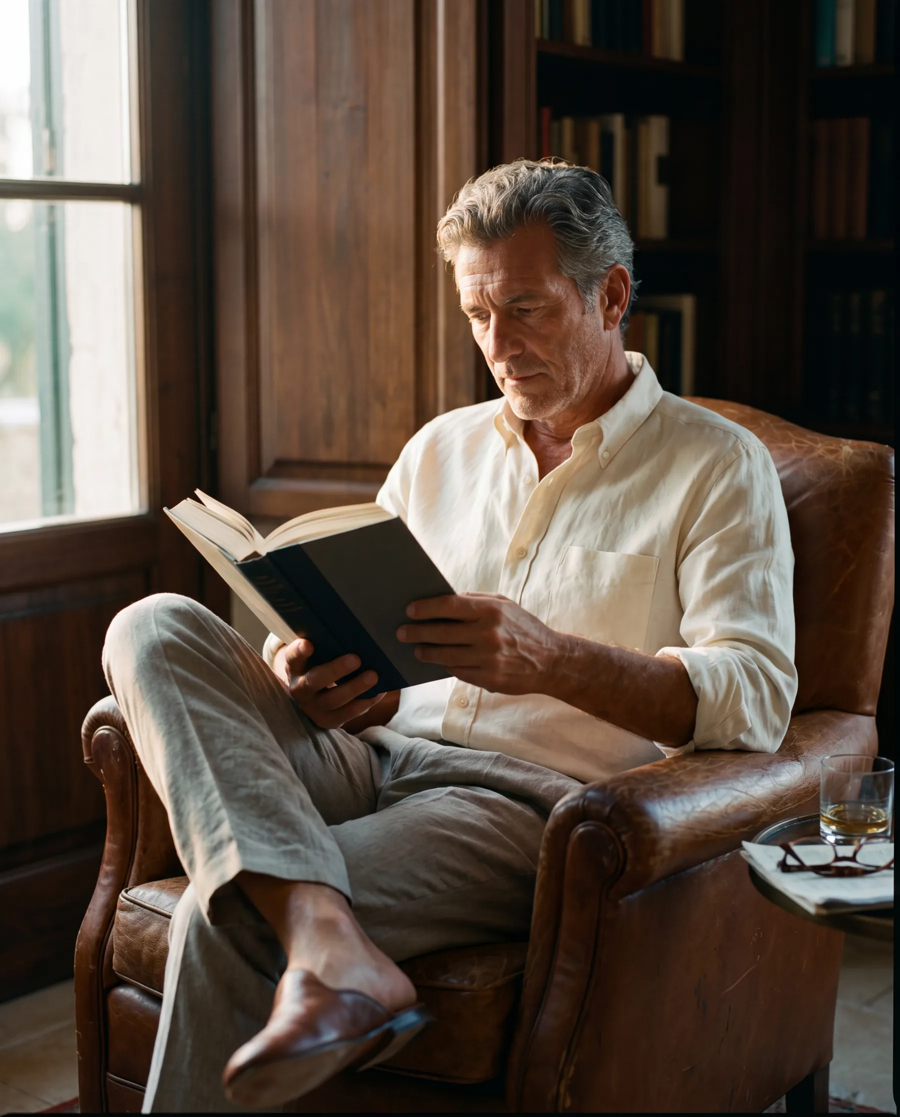A man in his fifties reading in a leather chair by a tall window. Cream linen shirt, stone trousers, leather slippers.