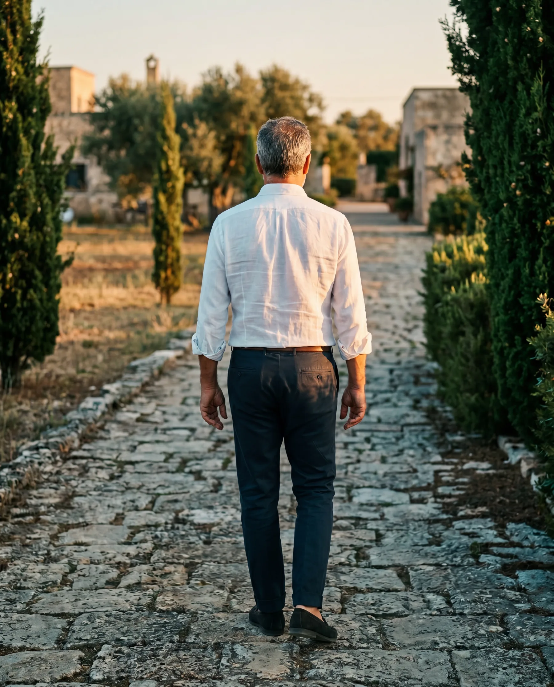 An older man walking alone down a stone path between cypress trees, from behind. White linen shirt, ink trousers.