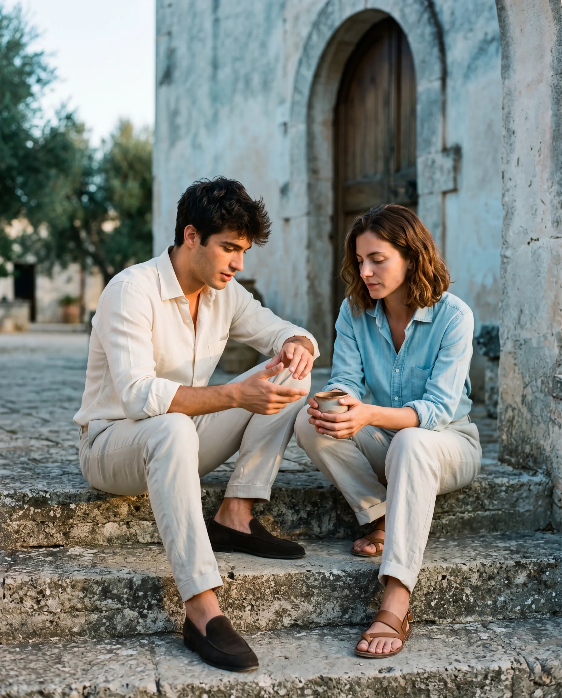 A man and a woman sitting on low stone steps, facing each other mid-conversation, late afternoon. Cream and chambray linen, stone trousers.