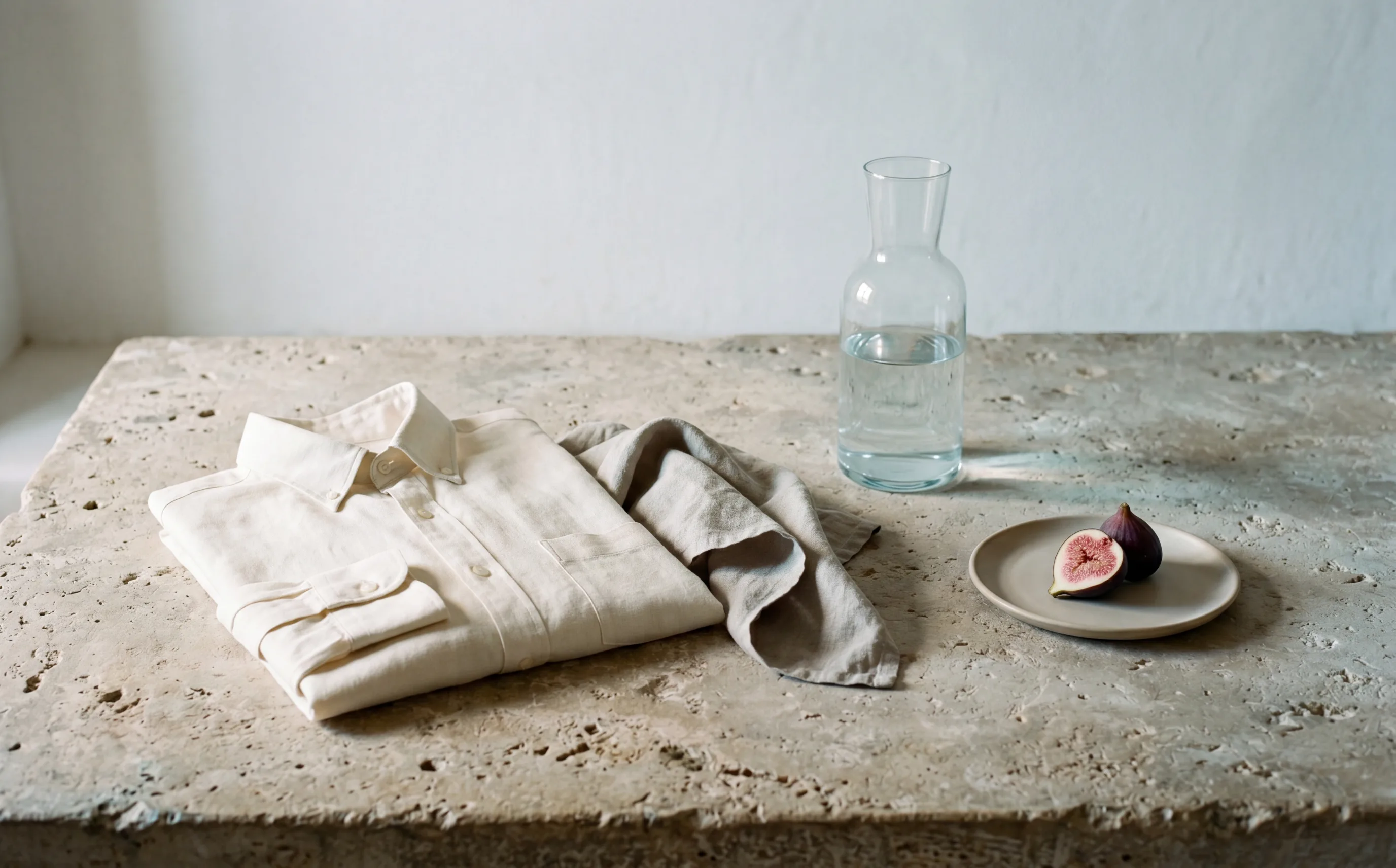 A folded cream linen shirt, a stone-coloured napkin, a glass water carafe, and a halved fig on a stone table.
