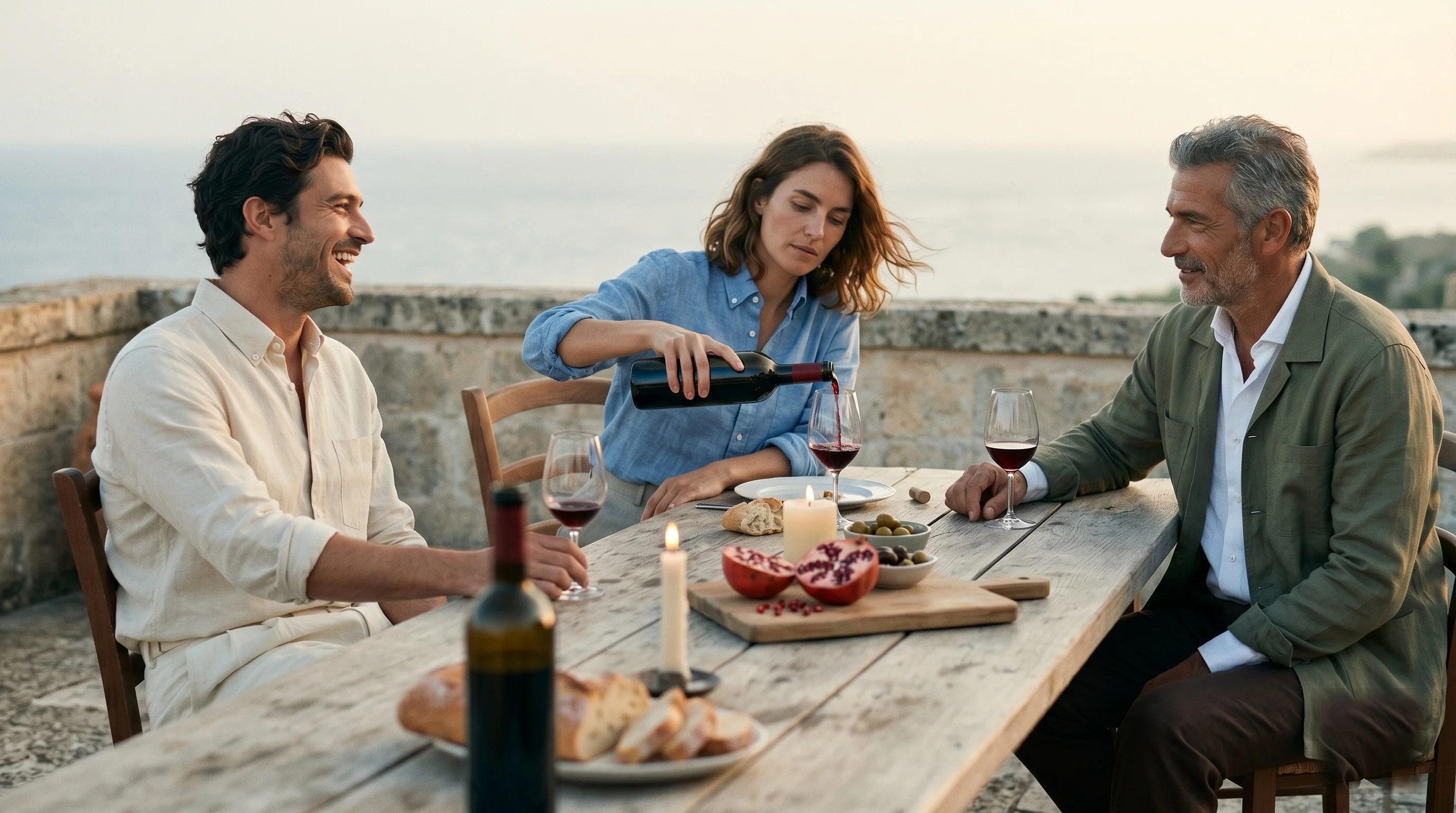 Three figures around a long stone table at sundown, in cream and ink linen — wine glasses, the remains of a meal, no one performing for the camera.