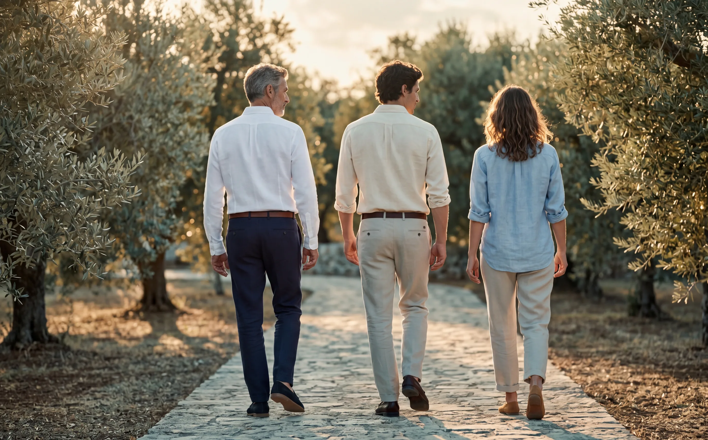 Three figures walking together along a path through an olive grove at golden hour, from behind.
