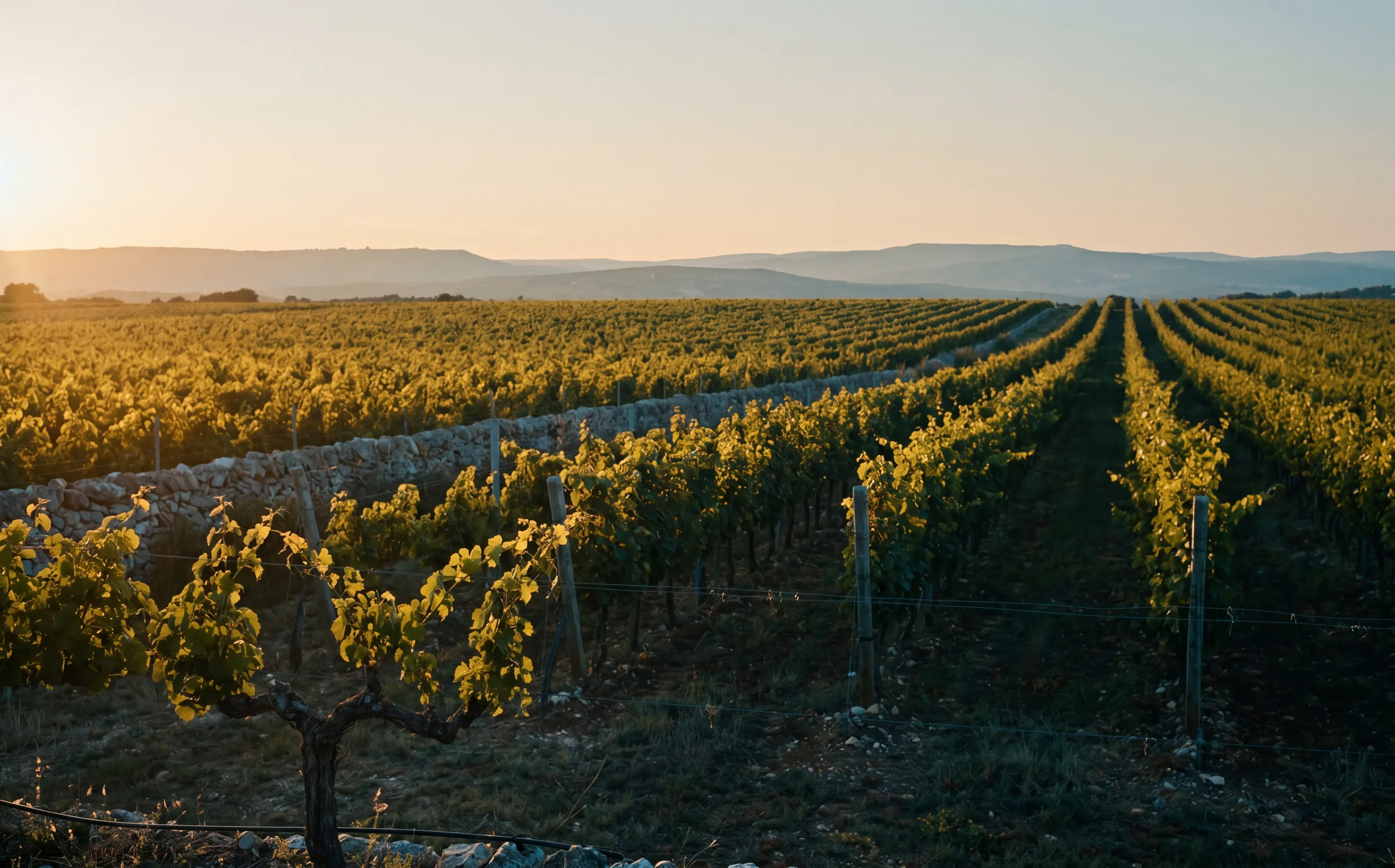 A distant view of an Apulian vineyard at golden hour, rows of vines receding toward soft hills, no figures.