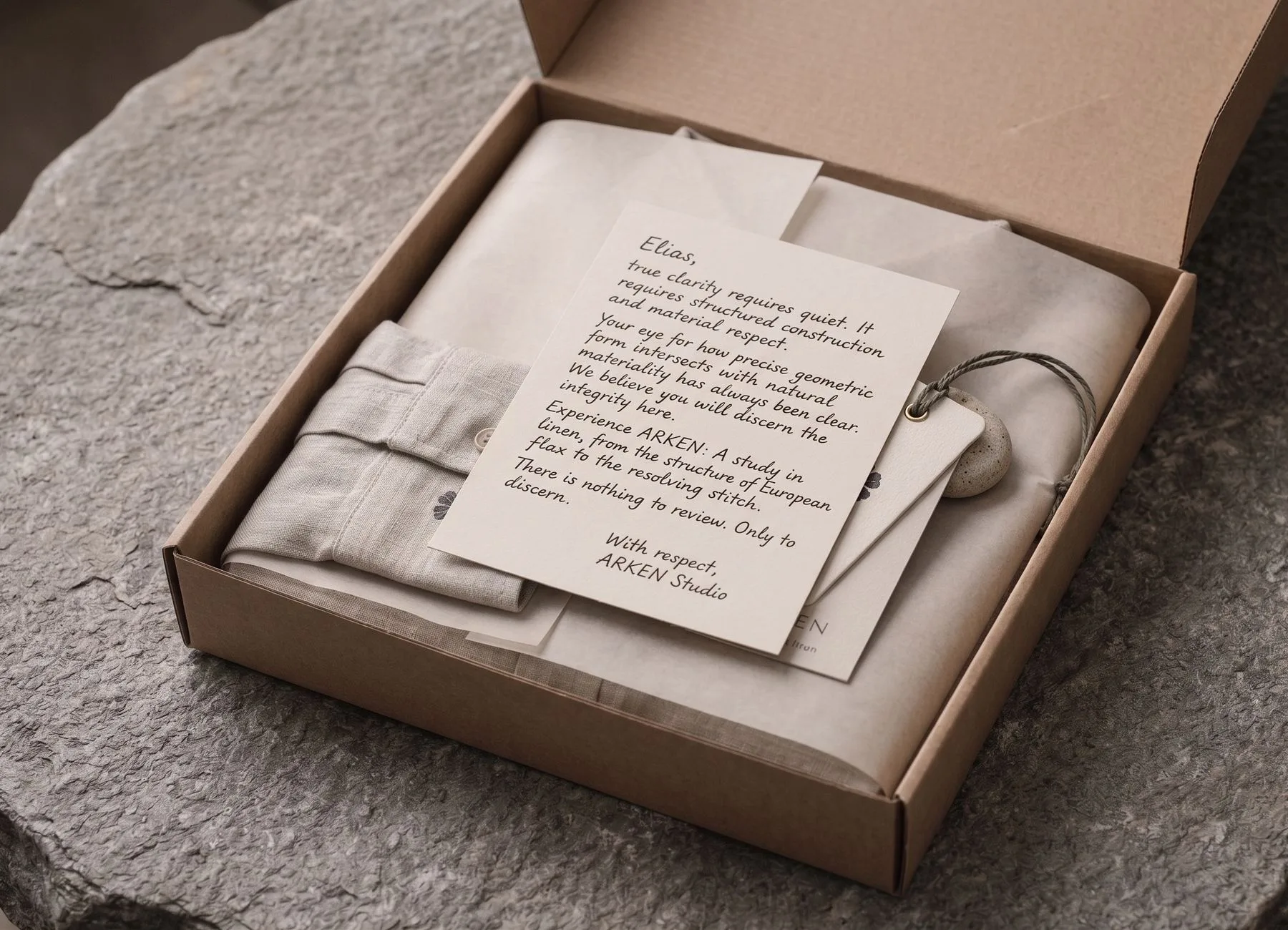A handwritten note inside the ARKEN box — a study in linen, addressed to the buyer by name