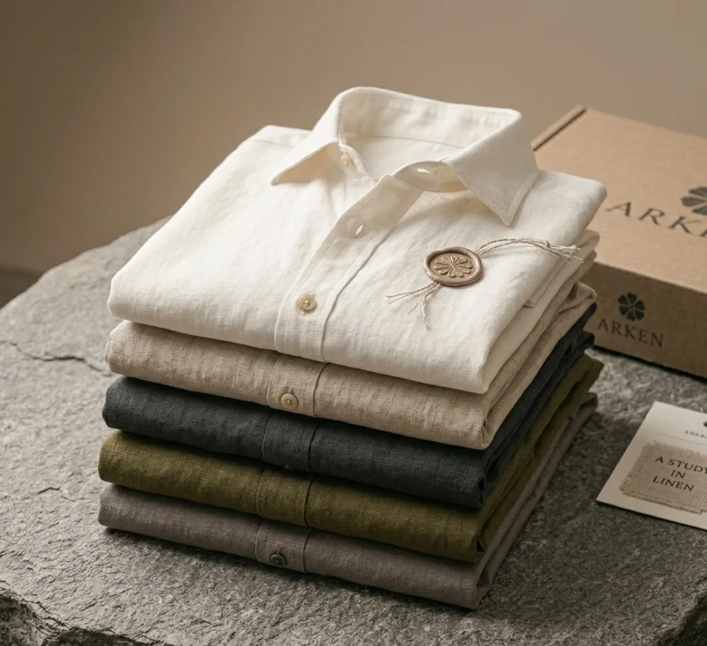 Folded ARKEN garments in stacked cream parchment — pressed along their original creases at the bottom of the box