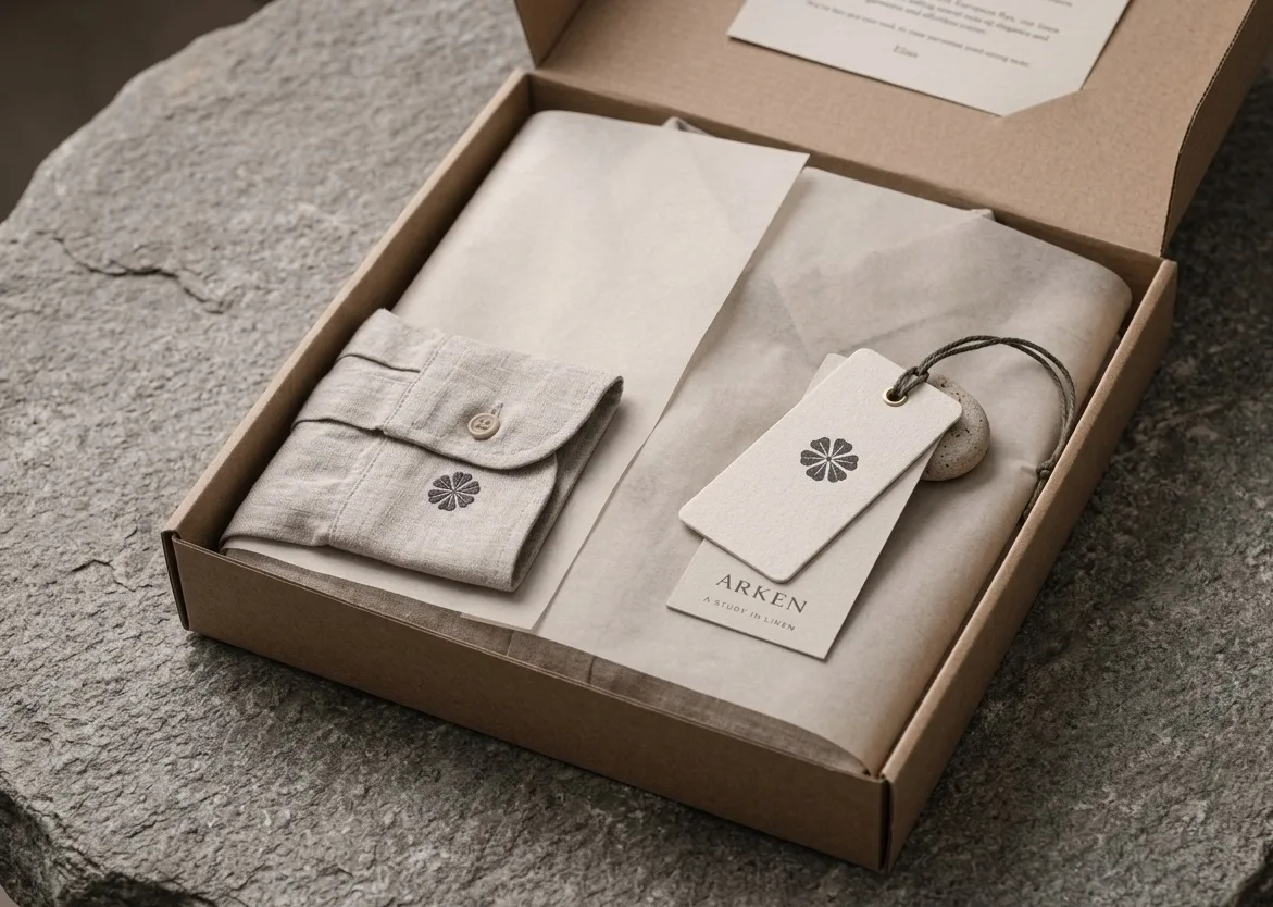 Garment wrapped in unbleached cotton, jute twine in a precise double knot