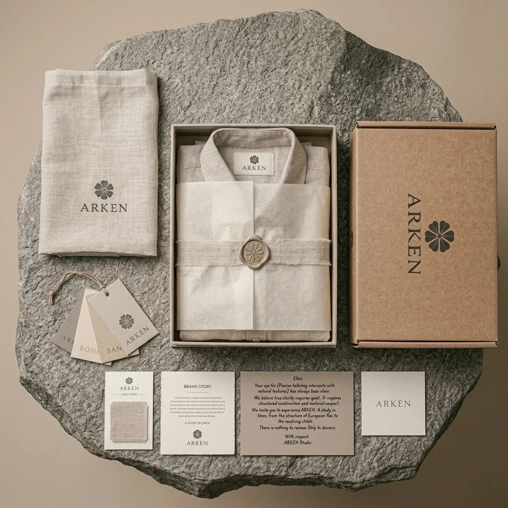 An ARKEN order, photographed top-down on a stone slab — box, garment in cotton wrap, foil hangtag, info cards
