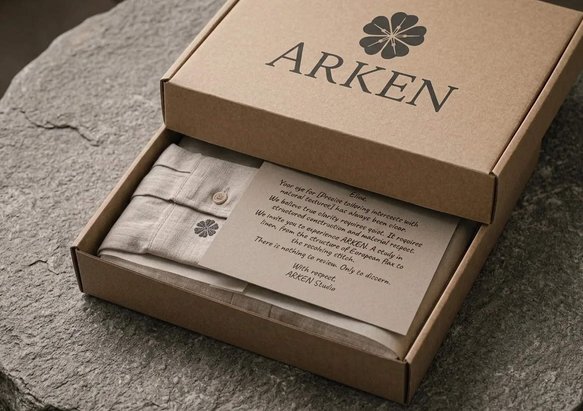 An ARKEN kraft box, opened — folded garment and a handwritten card just visible inside