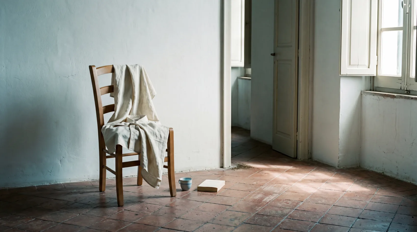 An Italian palazzo library in late morning — wood-panelled walls, a brass library lamp in the foreground, a man in cream linen reading in a worn cognac leather club chair.