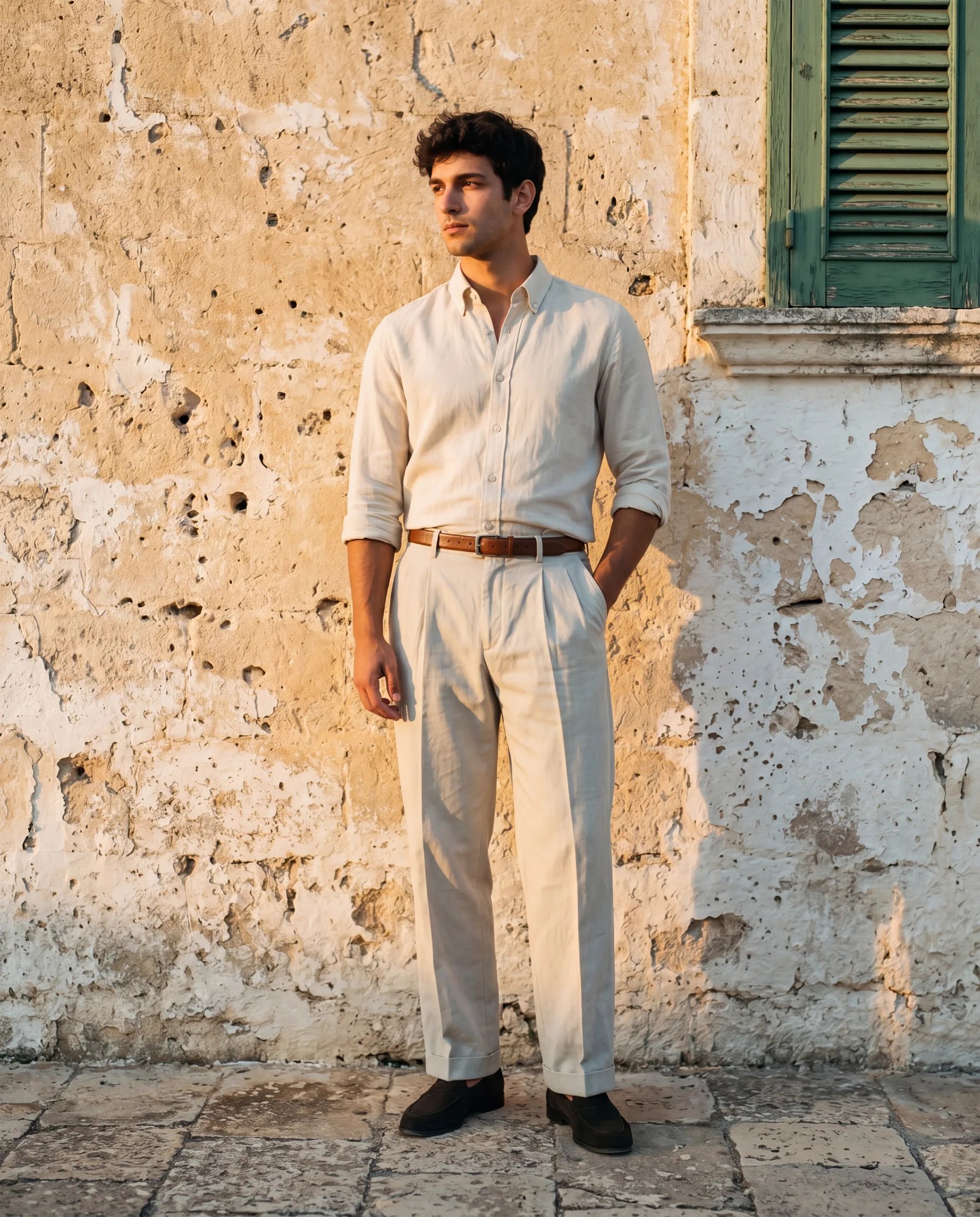 The Column in Stone — a man in stone wide-leg pleated linen trousers and cream linen shirt, against a weathered honey-stone masseria wall at golden hour, green shutter edge in frame