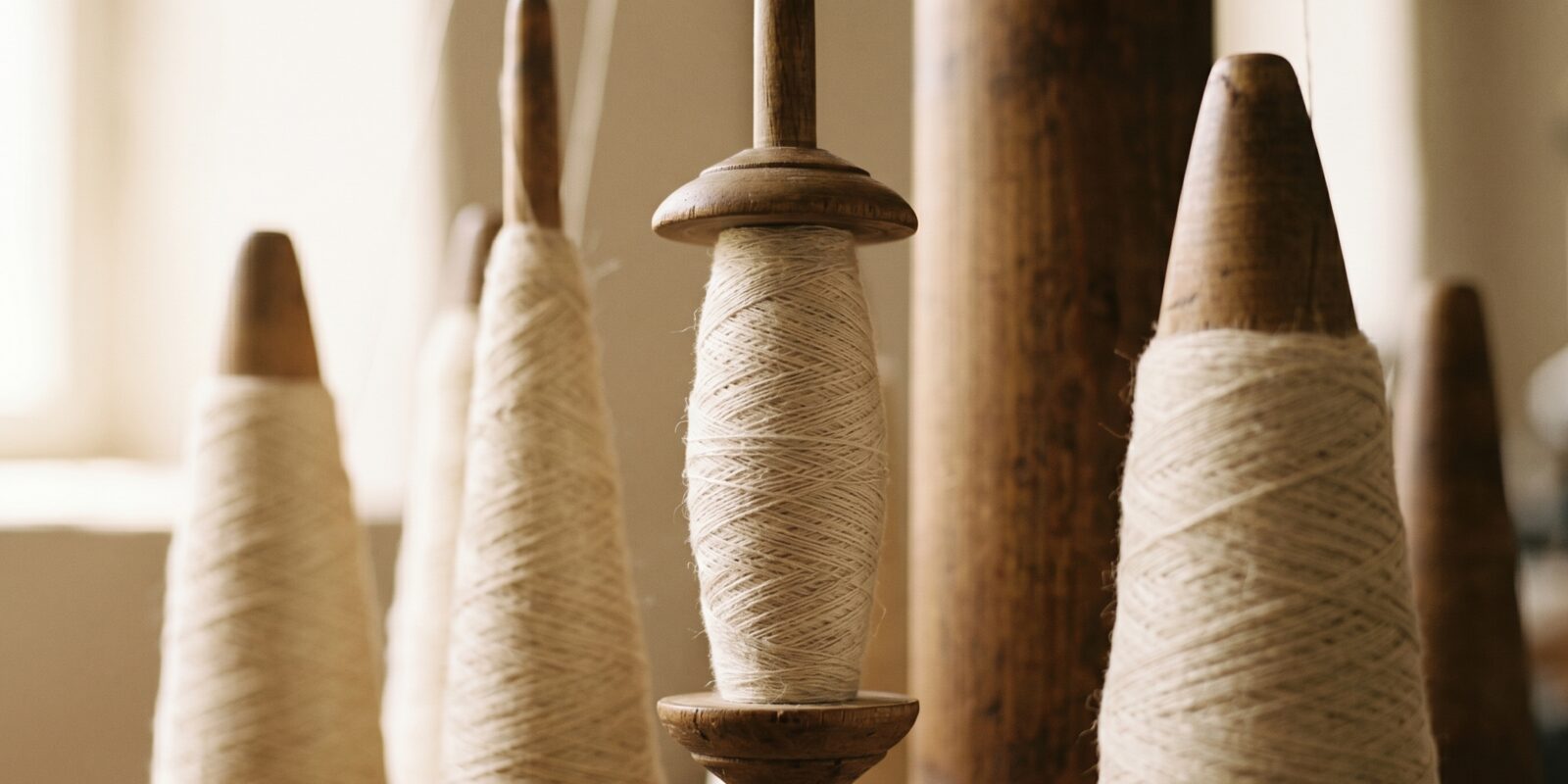 Linen yarn on traditional wooden spindles